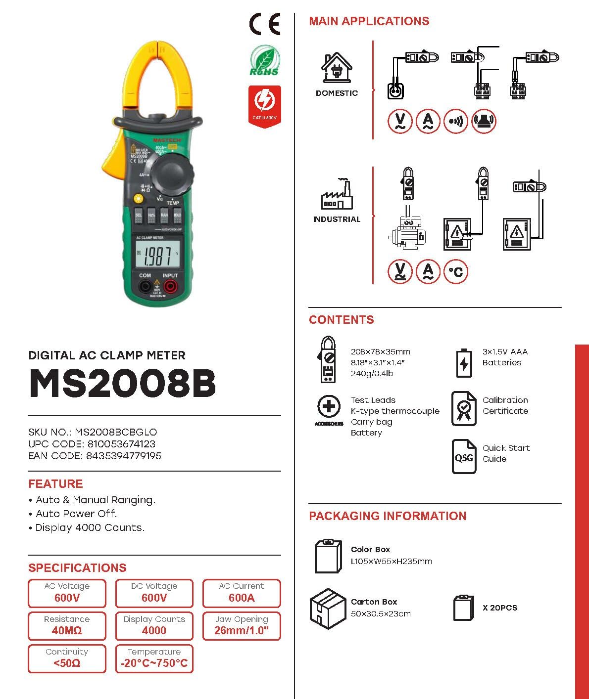 MGL MASTECH MS2000G MS2001/C MS2006B MS2008 MS2009A/C Digital Clamp Meter Current Pliers Voltage Circuit Tester Pincers Multimeter Homeheld Professional Electrical Tool(MS2008B)