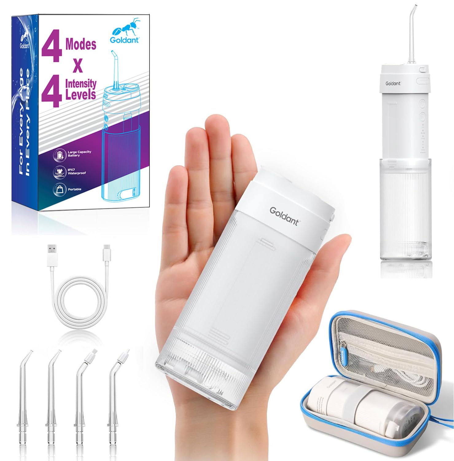 Irrigador bucal portátil para dientes con exquisita funda de viaje, mini irrigador oral recargable inalámbrico con tanque extraíble, IPX7 impermeable, 4 modos y 4 puntas de chorro para