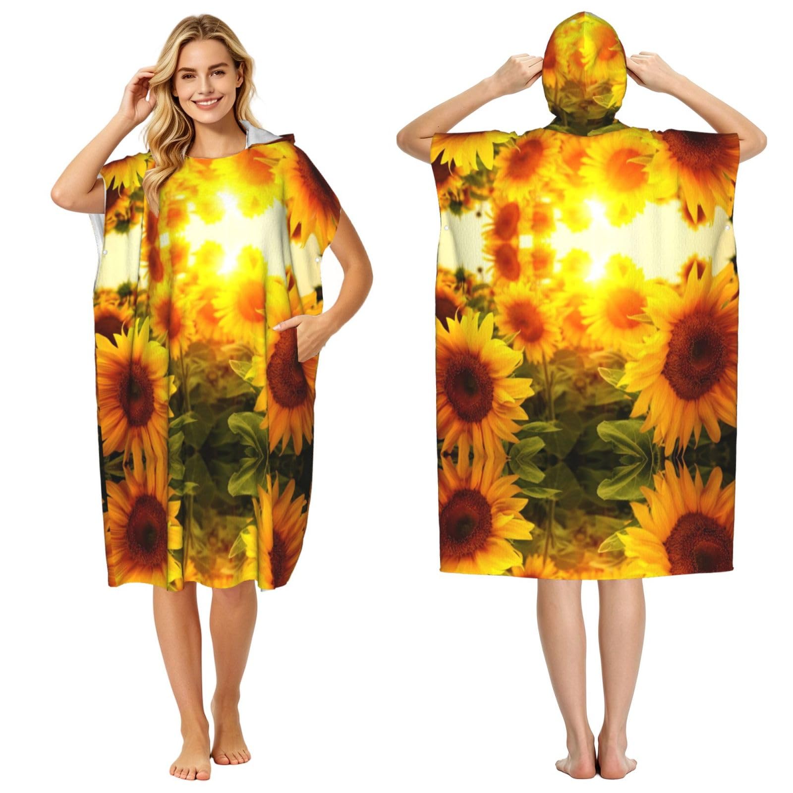 Sunshine Sunflower Field Print Changing Robe, Hooded Towel Poncho For Swimming Pool, Beach,Quick Dry & Light Weight Towelling Poncho For Adults Women Men