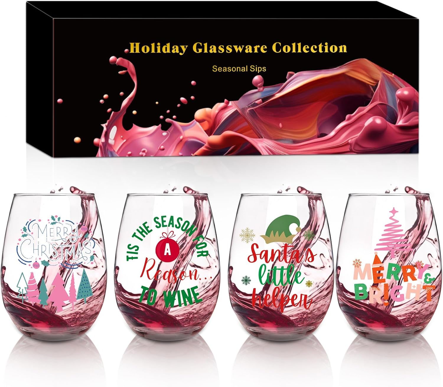 CNVOILA 18oz Christmas Wine Glasses, Funny Christmas Glasses Drinkware, Set of 4 Friendsgiving Wine Glasses for Women - White Elephant Gifts for Adults - Image 4
