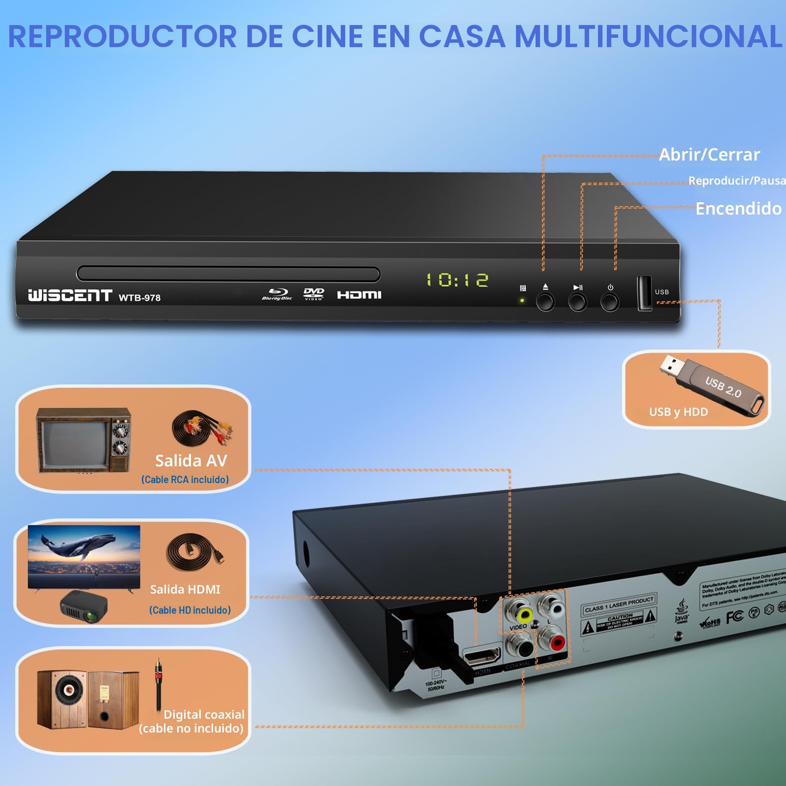 Reproductor de Blu-Ray para TV, reproductores de DVD con coaxial/HDMI/AV/salida, entrada USB, todos los DVD y discos Blu-ray de la región B/2, Full HD compacto, reproductor de Blu-ray 1080p (WTB-978B)