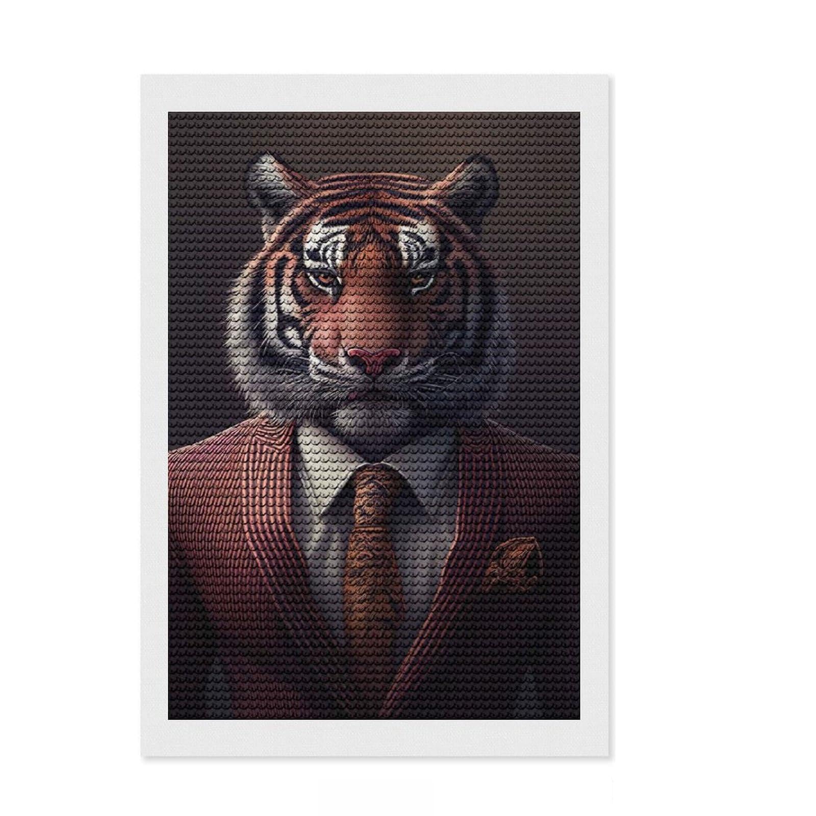 Junmoney Tiger Suit Animal Round Drill Diamond Painting 8"x12", Mindful Craft Activity, Simple to Start, Bedroom Decor, Holiday Gift Idea