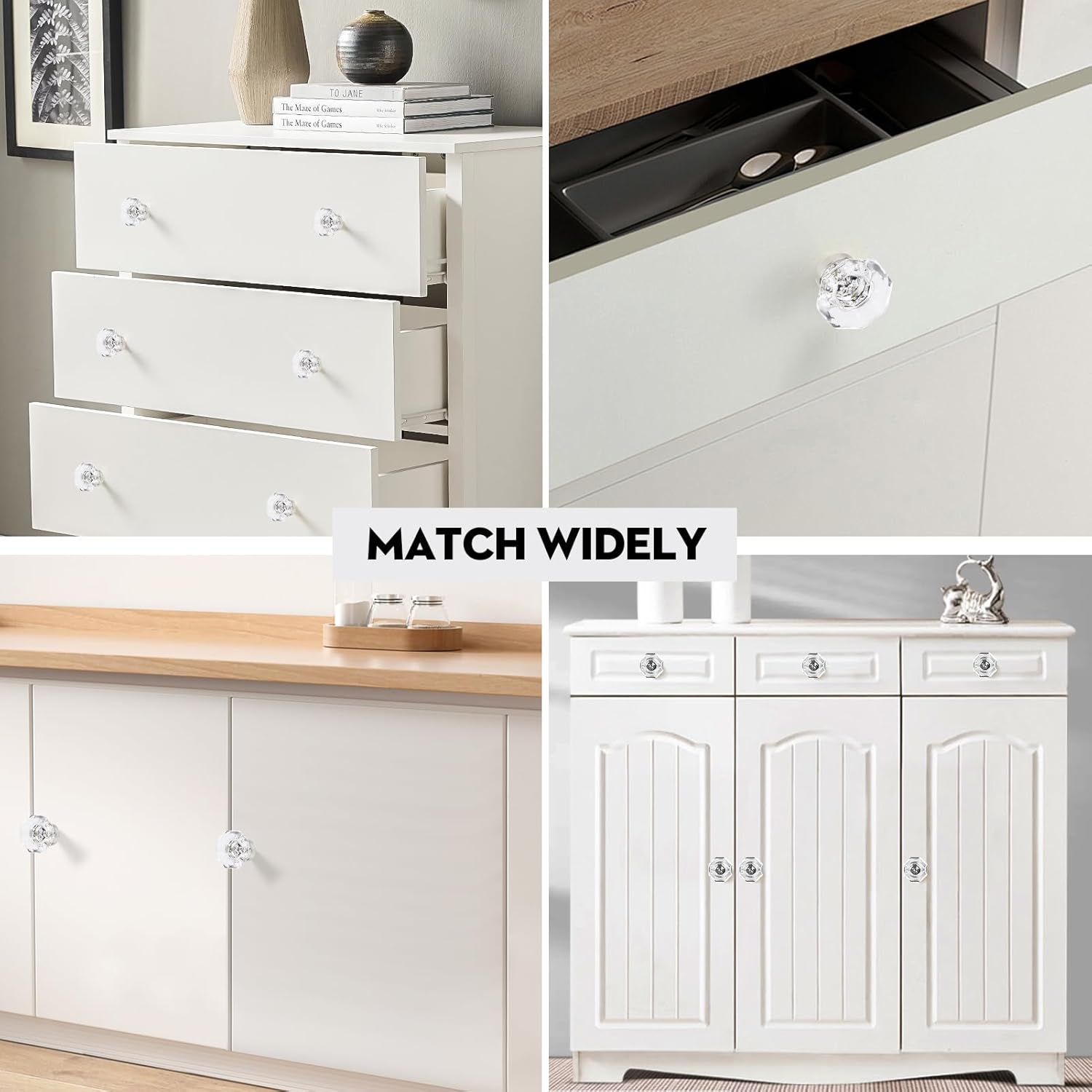 16 PCS Glass Crystal Dresser Cabinet Knobs Brushed Nickel, Octagon Knobs and Pulls for Dresser Drawers, Bathroom Kitchen Cabinet Drawer Knobs Set