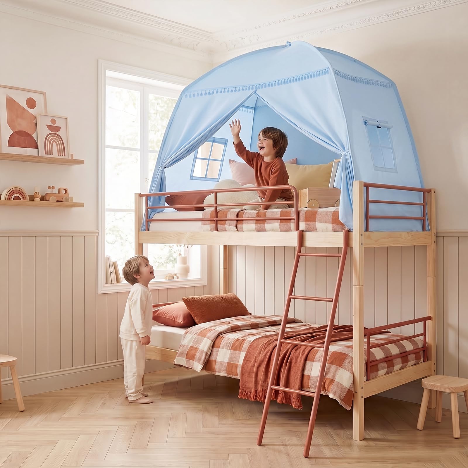 Bettzelt Kinderzimmer Kinderzelt: Großes Indoor-Spielhaus, tragbar und faltbar, für Einzelbett und Etagenbett, Kinderhöhle zum Spielen und Schlafen für Mädchen und Jungen (Hellblau)
