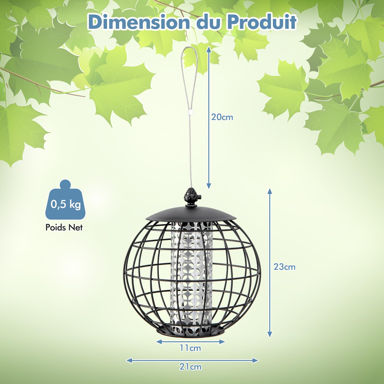 GYMAX Mangeoire Oiseaux Exterieur Suspendue, Mangeoire Oiseaux Sauvages, Design Anti-écureuil, Distributeur Oiseaux Extérieur en Métal, Résistante aux Intempéries, Charge 3 kg, pour Jardin/Cour
