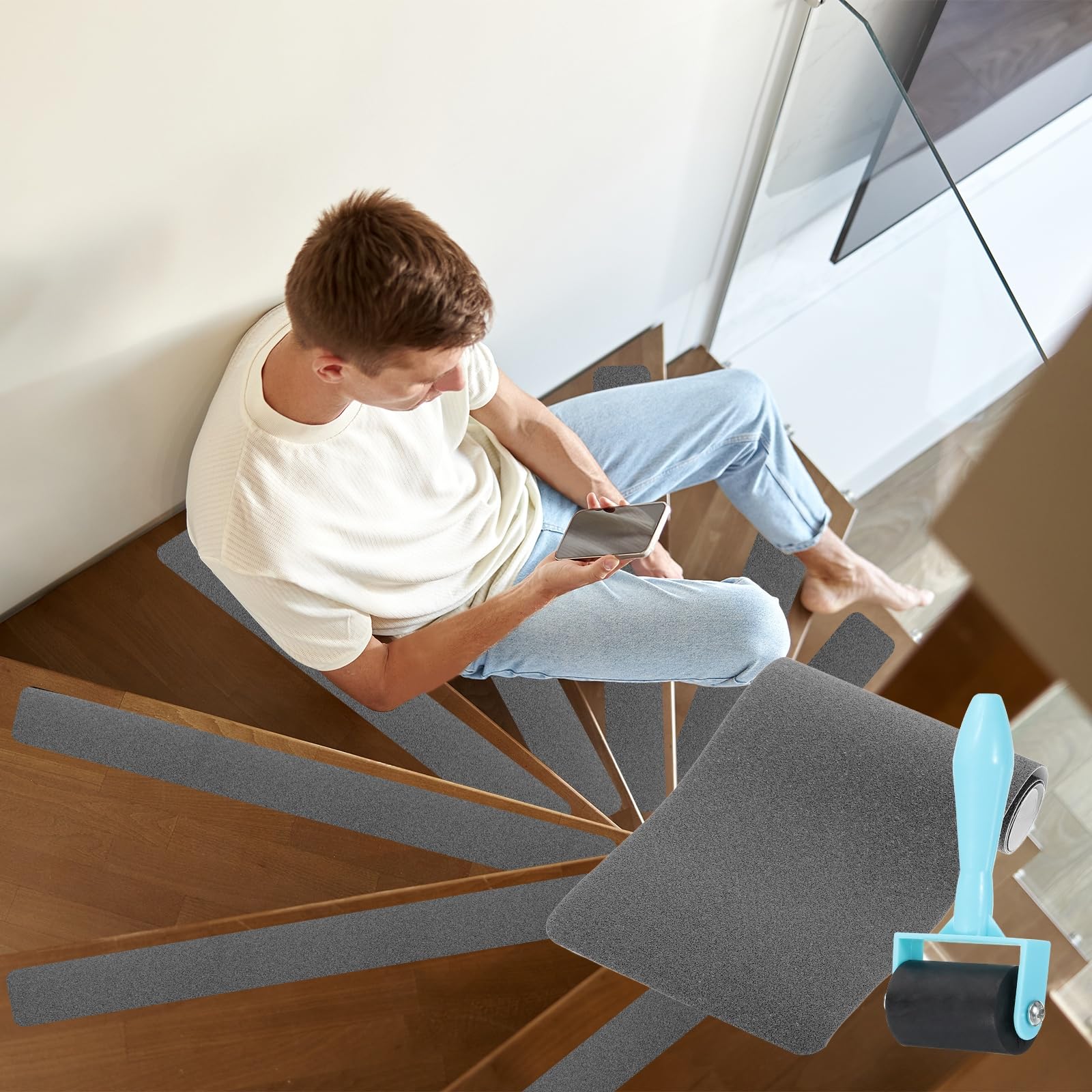 PATIKIL 15x76cm Cinta Antideslizante Para Escalones Gris Con Rodillo 15 Paquetes Tiras Autoadhesivas Antideslizantes Para Escalones De Madera