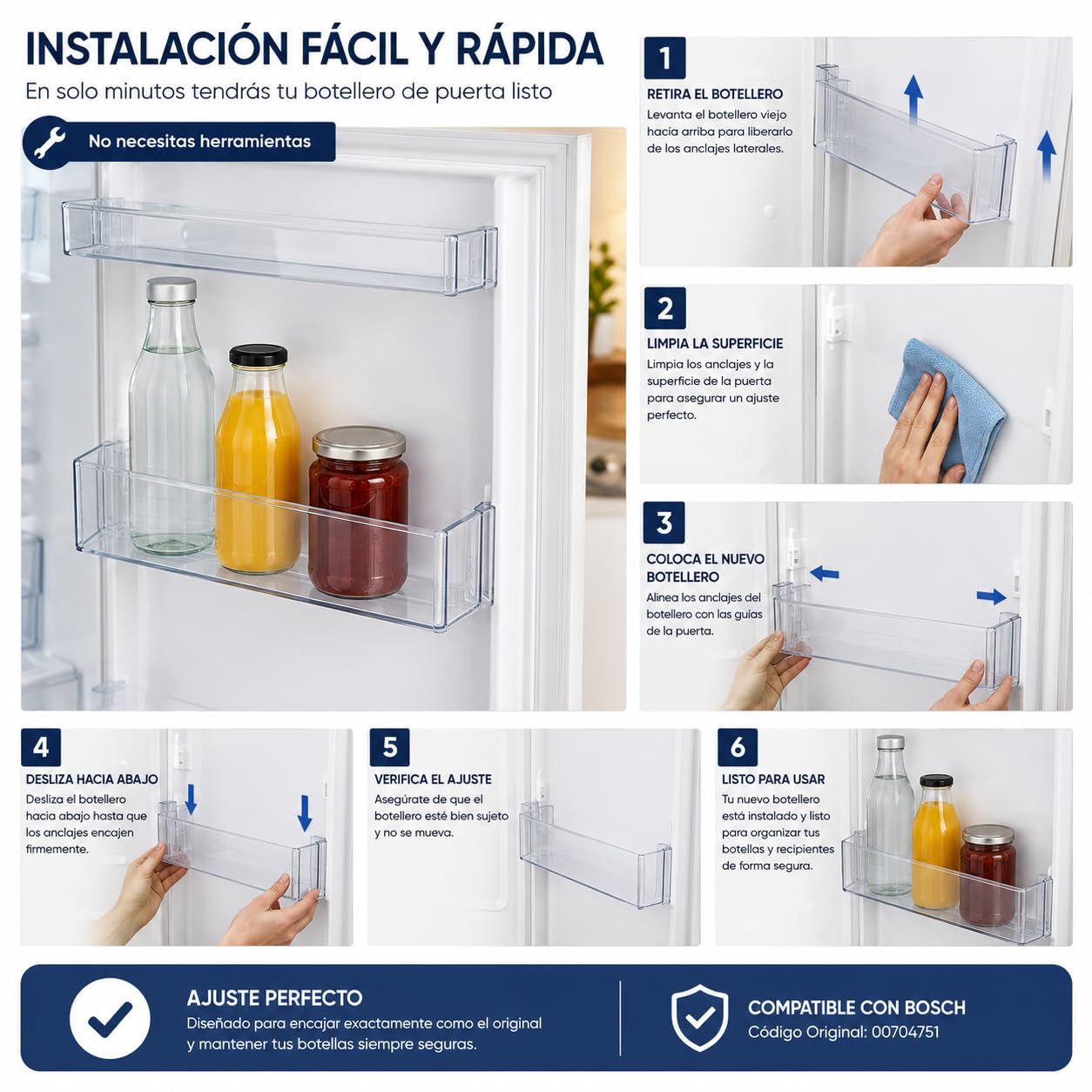 CABLEPELADO - Bandeja Botellero de Puerta Compatible con Bosch | Soporte Inferior para Frigorífico (47x12.5x10 cm) | Recambio para Código 00704751