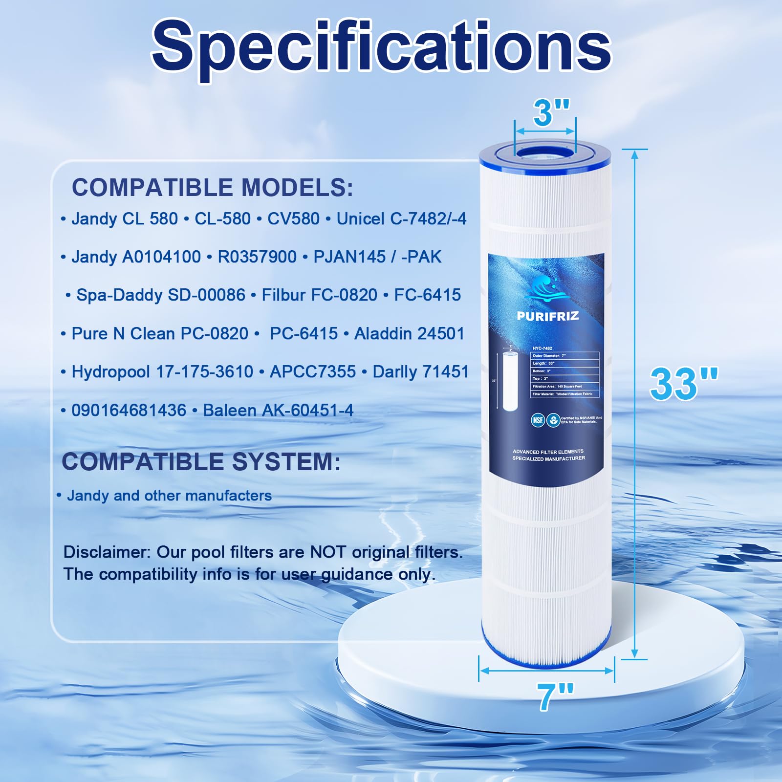 PURIFRIZ CL580 Pool Filter Compatible with Jandy CL580 CV580, C-7482, PJAN145, FC-0820, FC-6415, Ultral-A10, R0357900, A0104100, SD-01109, Upgraded Fabric 4x145 Sq. Ft, L x OD: 33