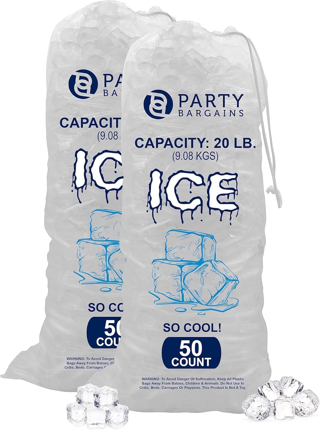 Party Bargains 20 lb Plastic Drawstring Ice Bags 100 Count 28″ x 14″ Durable Heavy Duty Ice Storage Bags for Parties Catering Coolers Outdoor Events | Tear Resistant, Leak Proof, Easy Carry Closure, BPA Free, Commercial Use