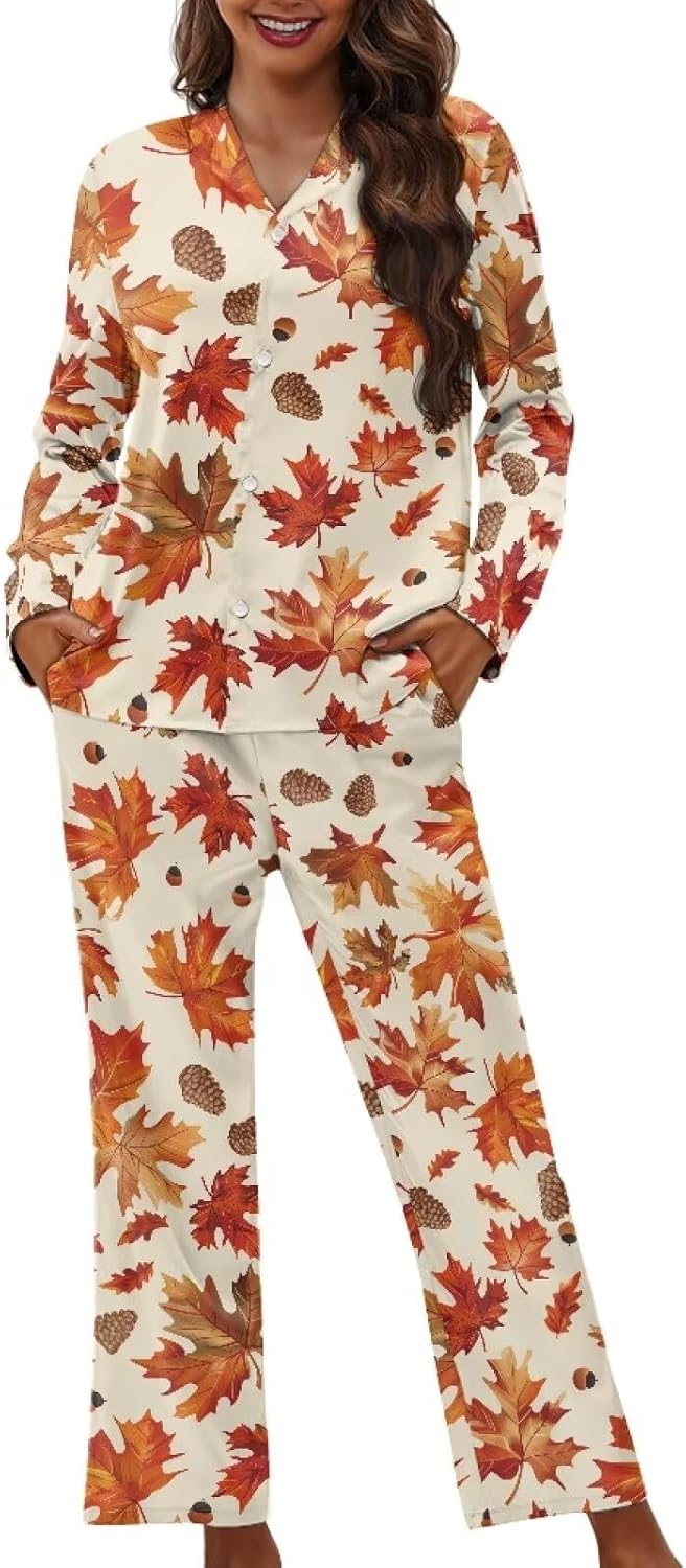 Women Pajamas Set Notch Collar Soft Sleepwear Pjs Long Sleeve Button Down and Pant Size XS-4XL