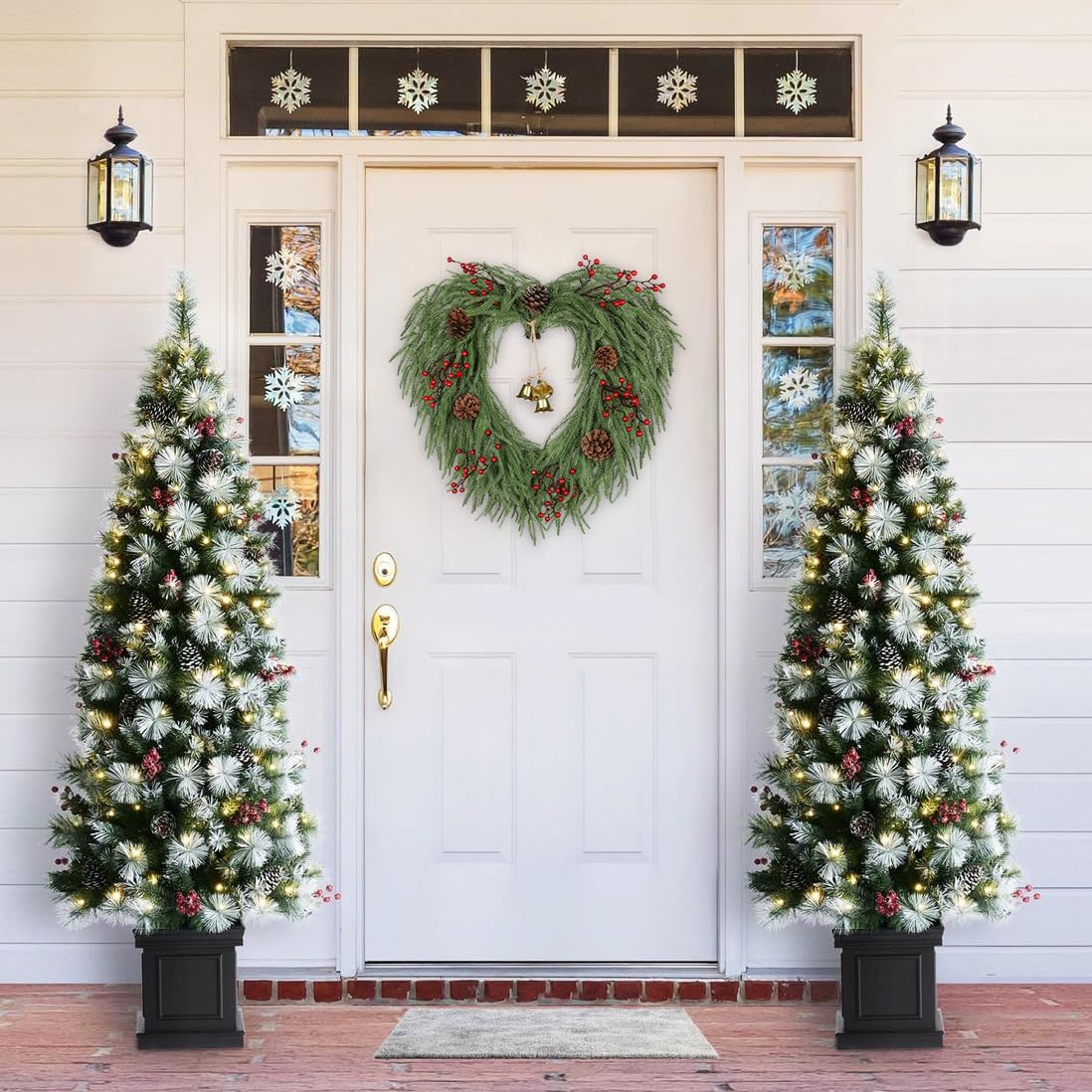 24" Christmas Wreath for Front Door with Bells, Berries & Pinecones, Large Artificial Norfolk Pine Wreath, Heart-Shaped Green Xmas Wreaths for Wall Window Porch Indoor & Outdoor Winter Christmas Decor