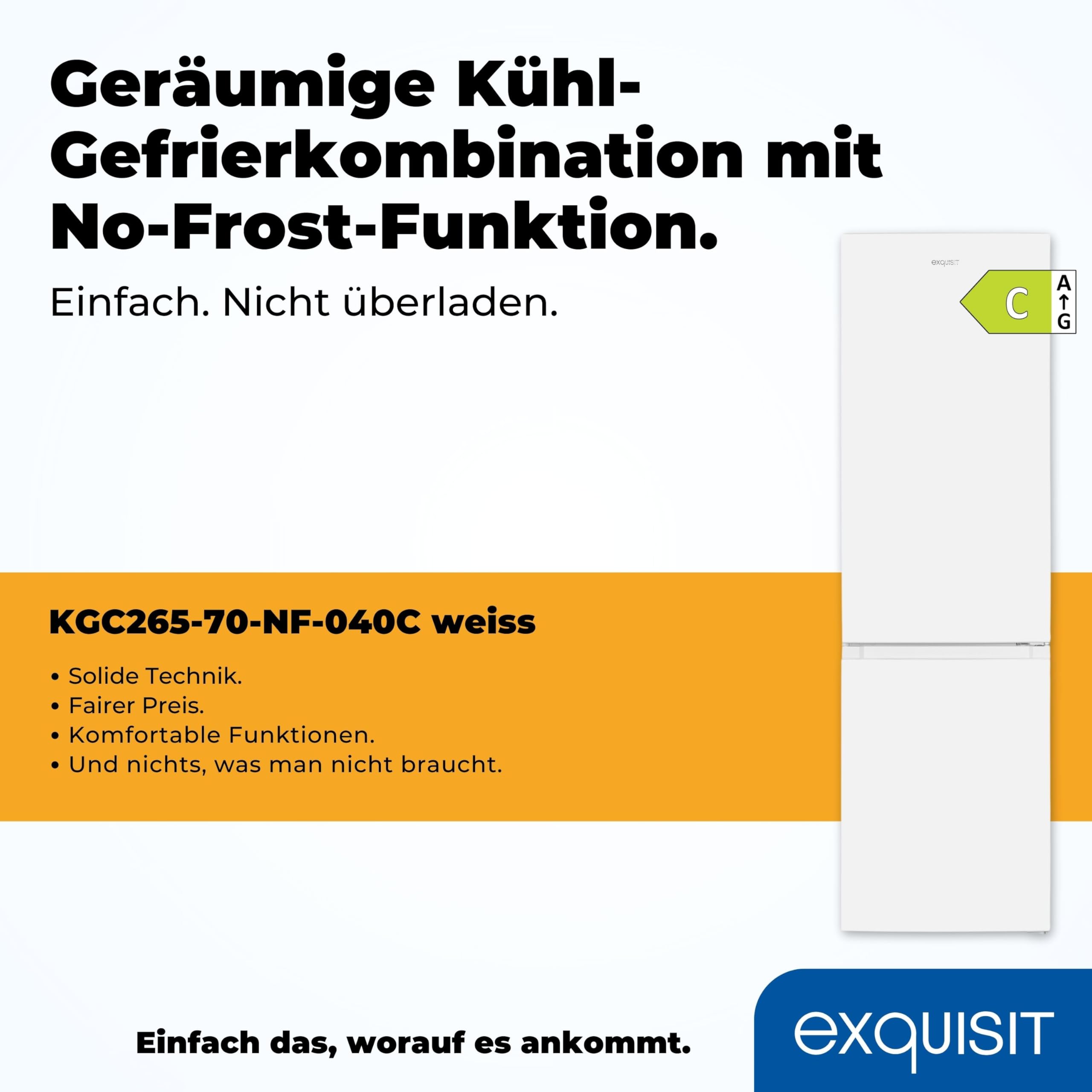 Exquisit Kühl-Gefrierkombination No-Frost 253 L, Klasse C, Weiß | Freistehend, 4-Sterne-Gefrierfach, wechselbarer Türanschlag, 39 dB(A), LED-Beleuchtung, höhenverstellbare Füße