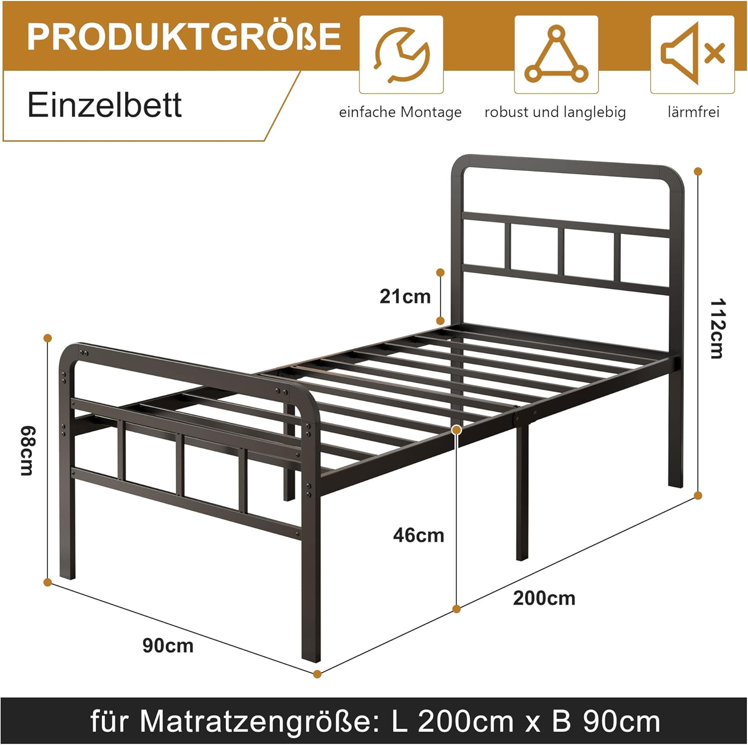 Diagram showing the dimensions of the Yicensen Single Bed Frame