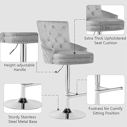 Miniatura 4 de UDAX Juego de 2 taburetes de bar giratorios de terciopelo, taburetes de bar giratorios ajustables de 360 con anillo de tracción de león, taburete de