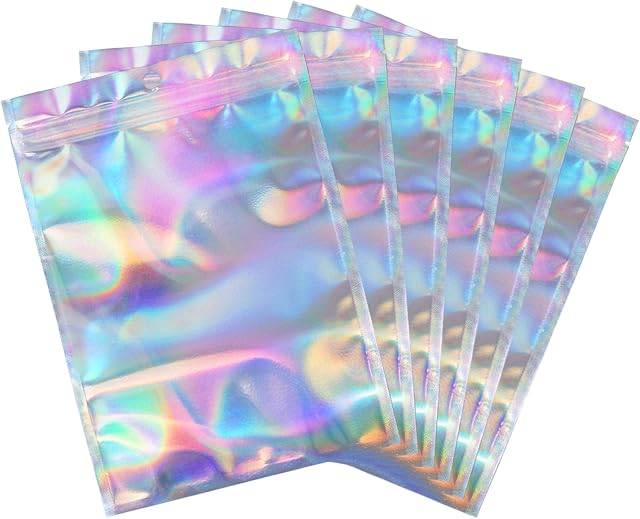 YQL 100PCS Holographic Packaging Bags, 14cm X 20cm Resealable Aluminium Foil Pouches Mylar Ziplock Bags For Food Storage Candy Wrap Coffee Bean Jewelry Lip Gloss