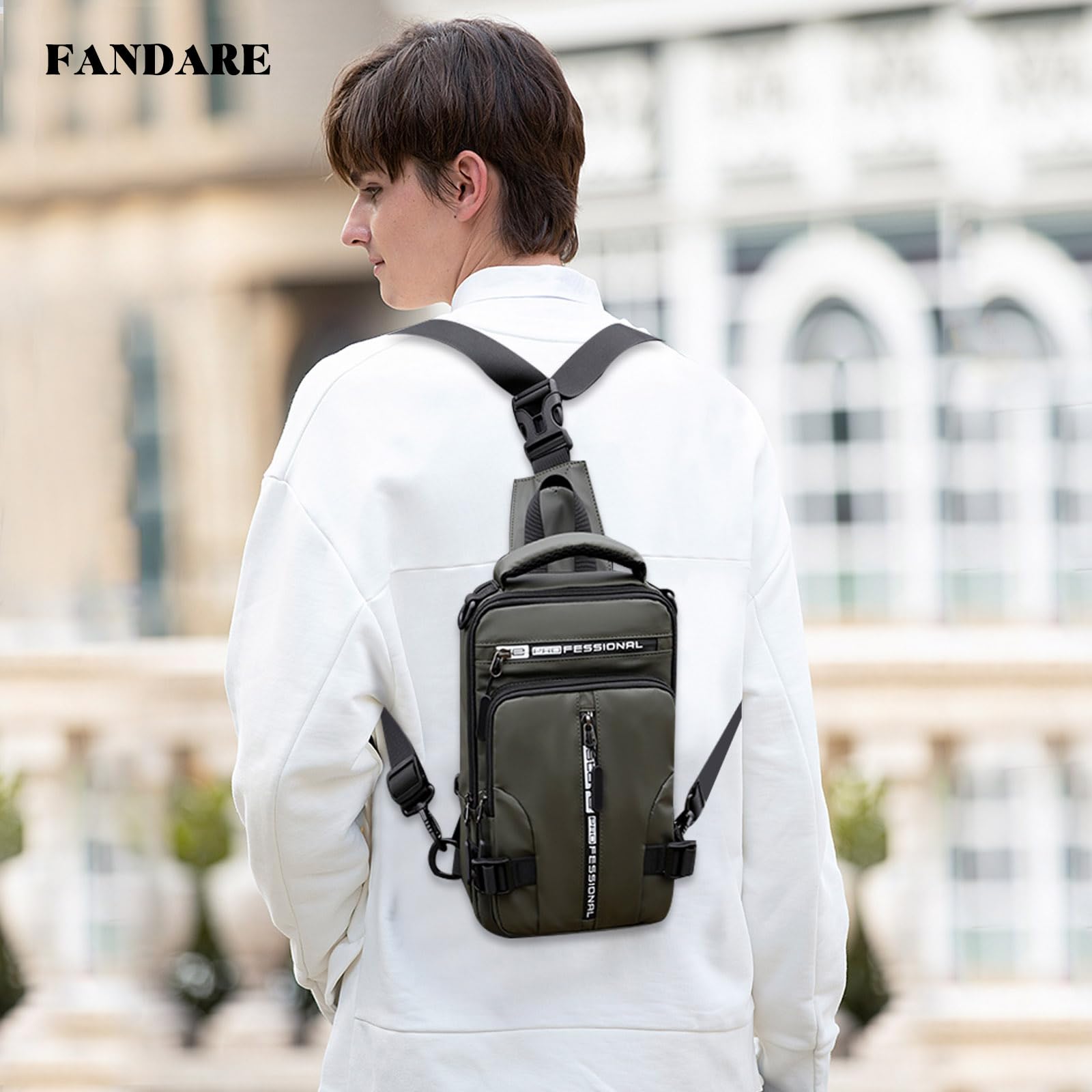 FANDARE Men Sling Crossbody Backpack Crossbody Bag for Men One Strap Motorcycle Chest Bag Cover Pack for Hiking Cycling Travel Outdoor Sport Small Casual Backpack with USB Charger Port Nylon Green - Image 2