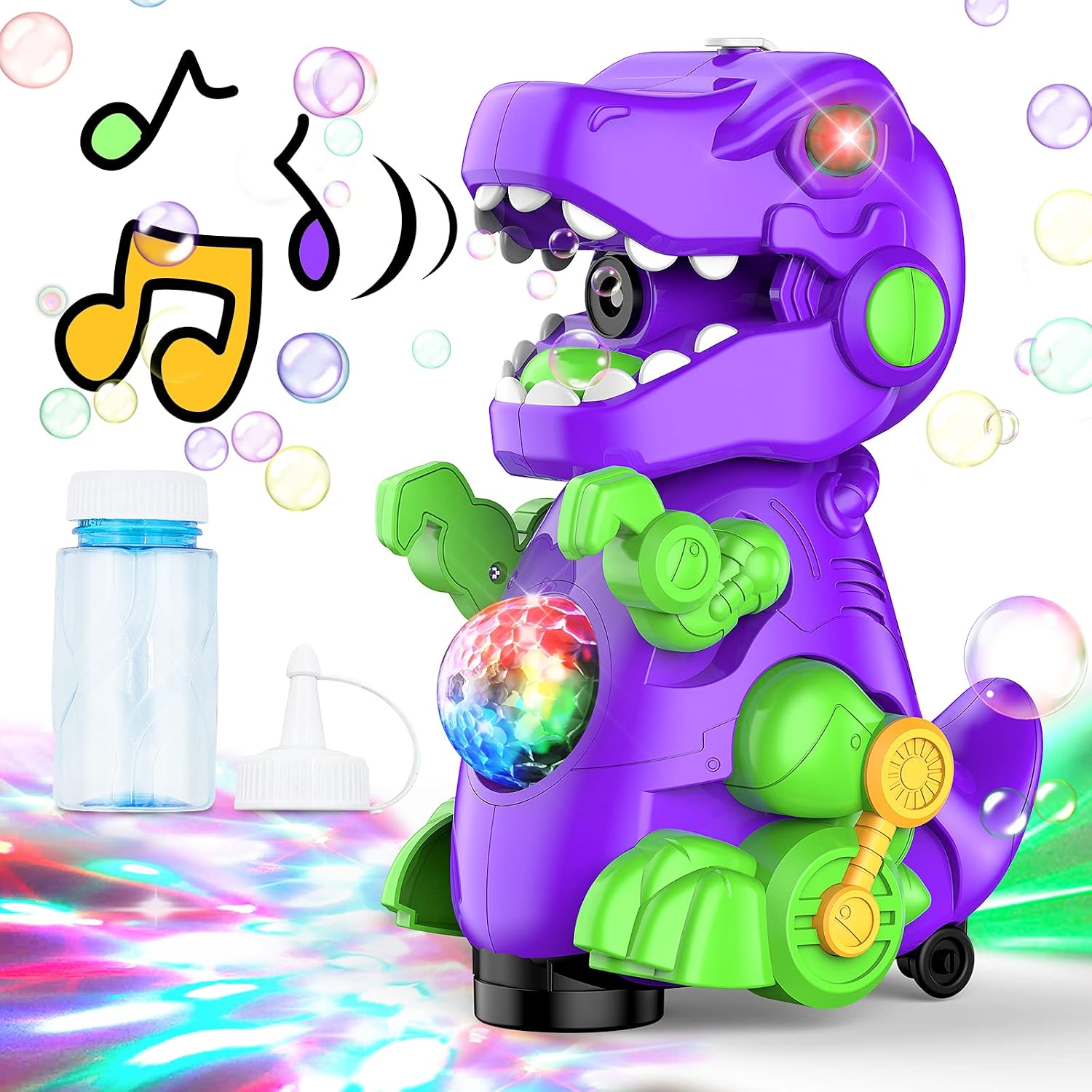 AUZEEG Bubble Machine, Dinosaur Bubble Maker with Colorful LED Lights, 3000+ Bubbles Per Minute, Safe Material, Universal Walking Bubble Machine Built-in Music for Kids/ Toddlers/ Boy/ Girl, No Liquid
