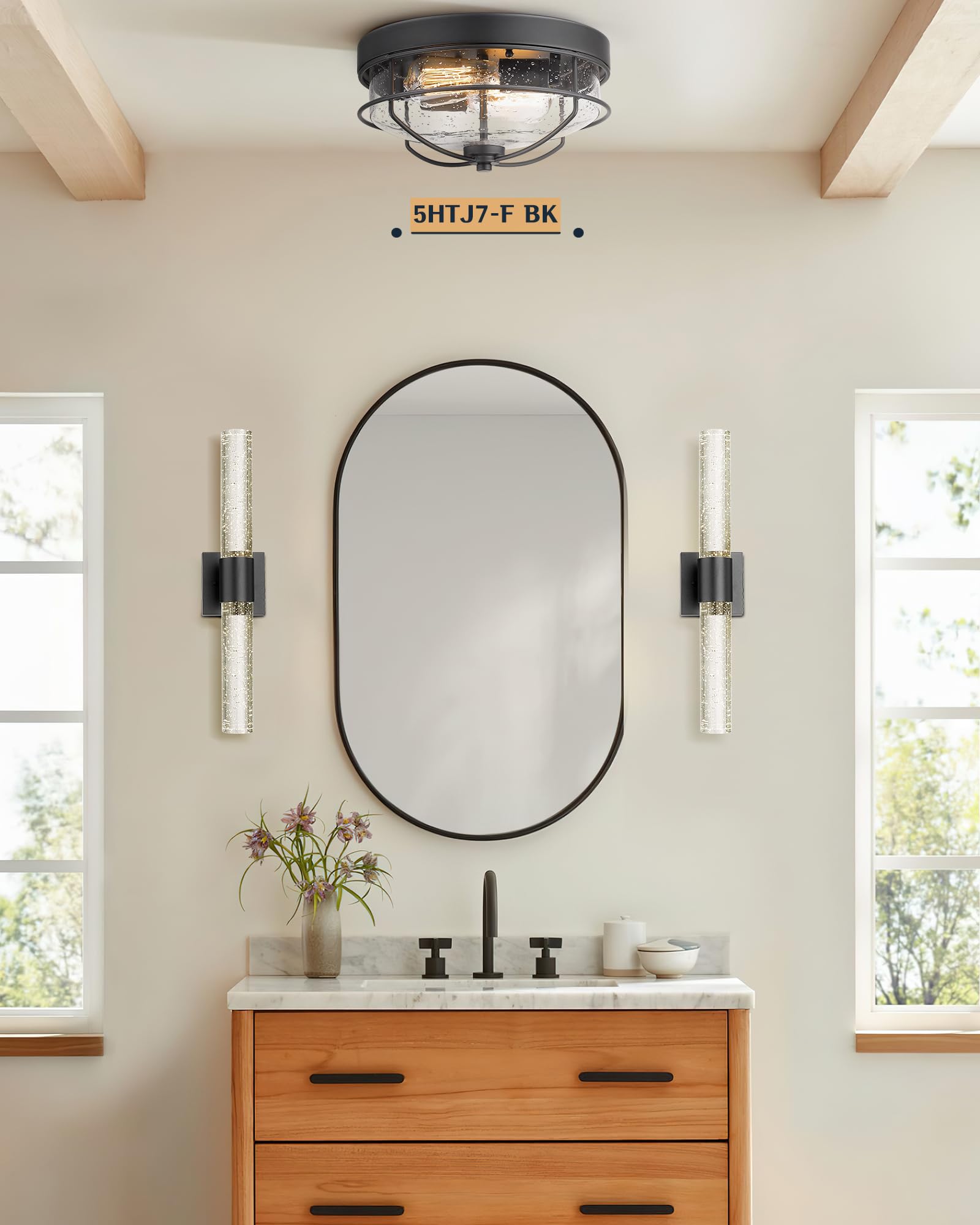 Bathroom Light Fixtures, HWH LED Vanity Lights Over Mirror 11W with Crystal Bubble Glass, Black Vanity Light Bar Indoor Wall Sconce Light, 3000K/4000K/5000K Dimmable, 5HW76B-LED BK