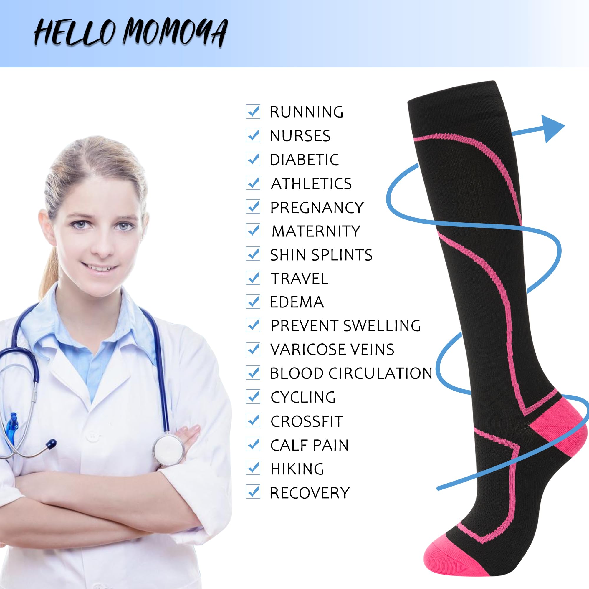 hello momya - 8 pares de calcetines de compresión para mujeres y hombres, calcetines hasta la rodilla para correr, 20-30 mmHg, enfermeras, médicos y viajes atléticos, 41-8 pares: