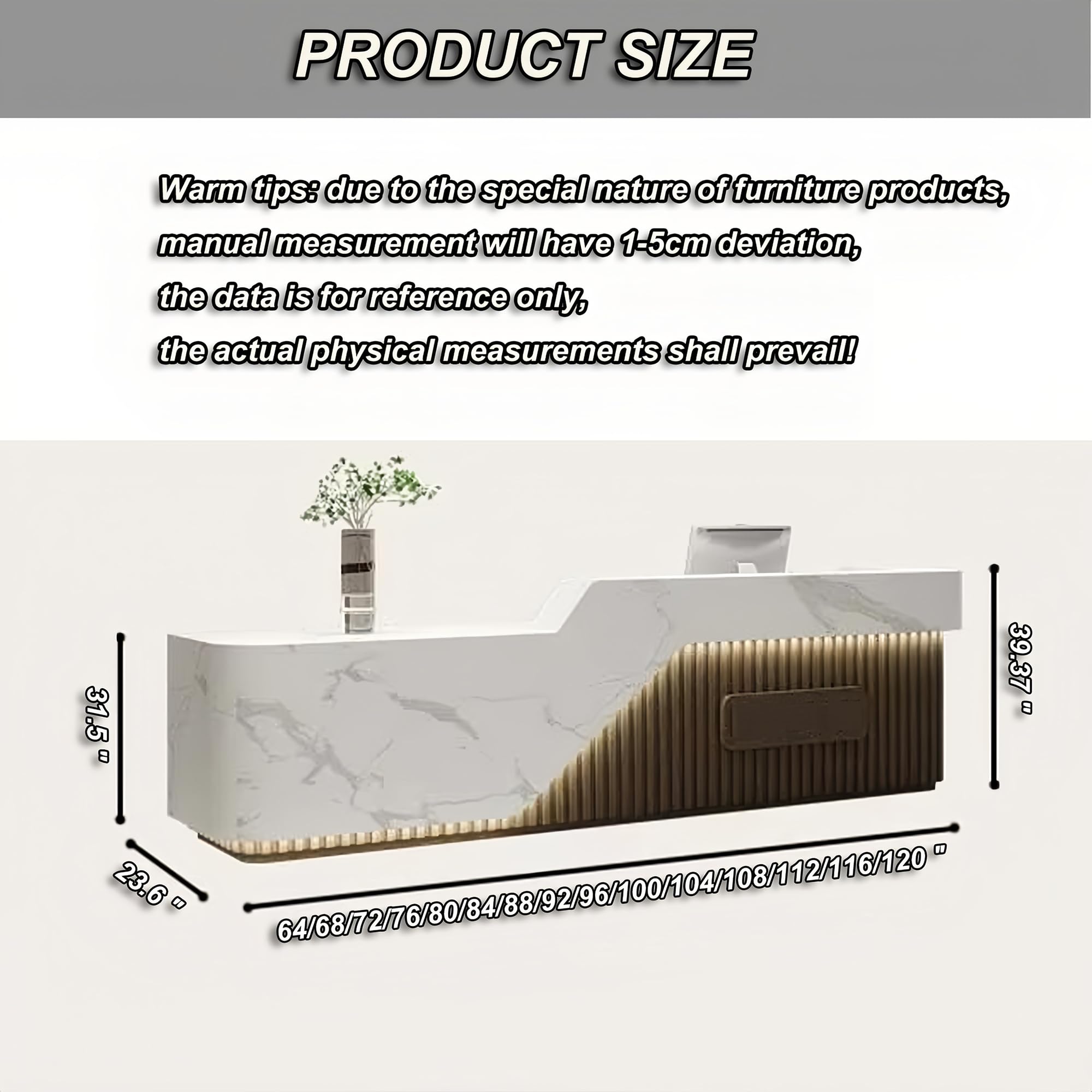 Contatore personalizzabile con design a righe largo 162,6 cm, perfetto per uffici, negozi di abbigliamento e saloni pronto per la spedizione in una confezione.