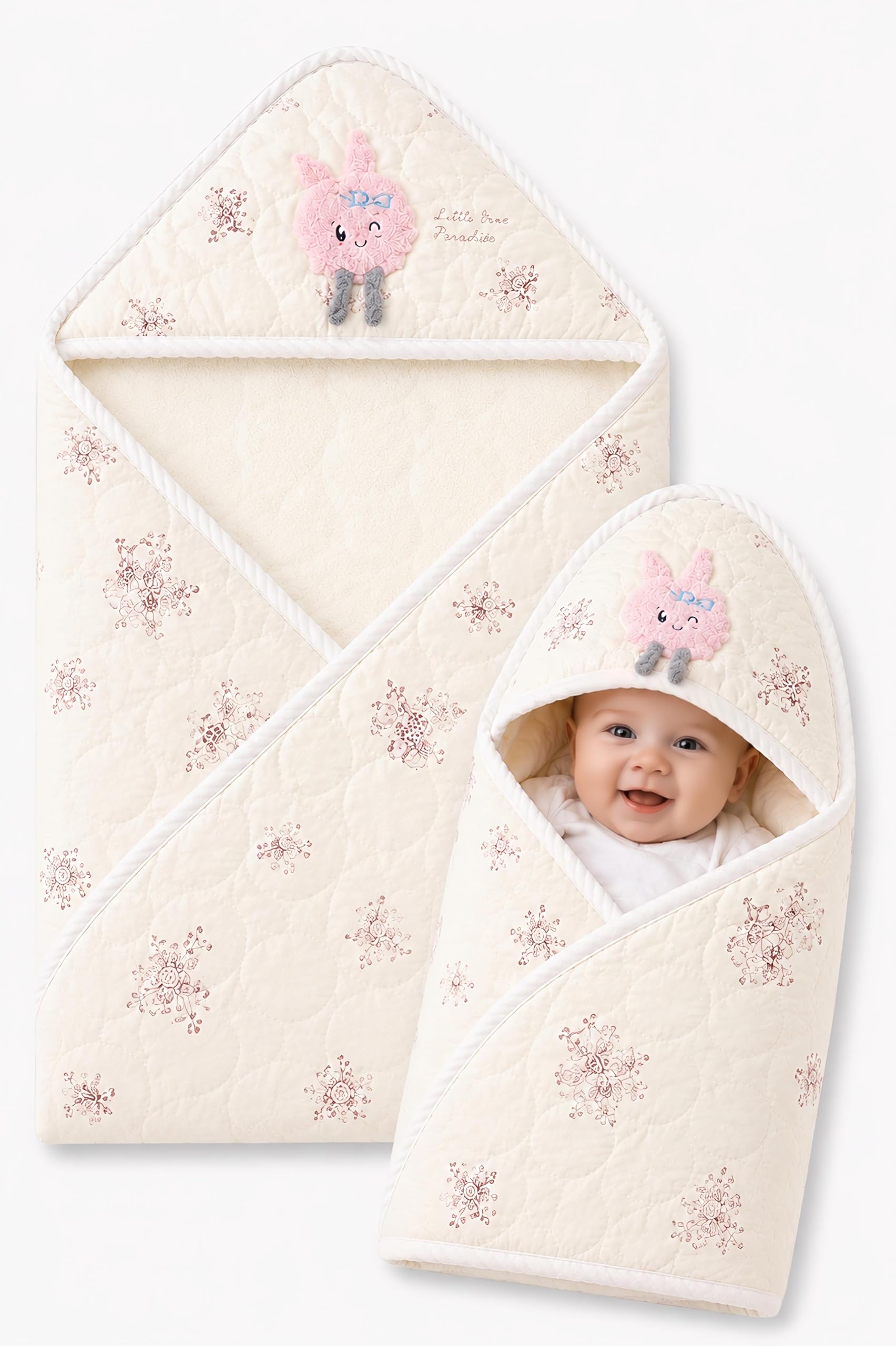 Newborn Baby Hooded Blanket (Cream White) | Newborn Swaddle, Soft Velvet Inner, Snowflake Print, Hooded Design, Girls-image-13