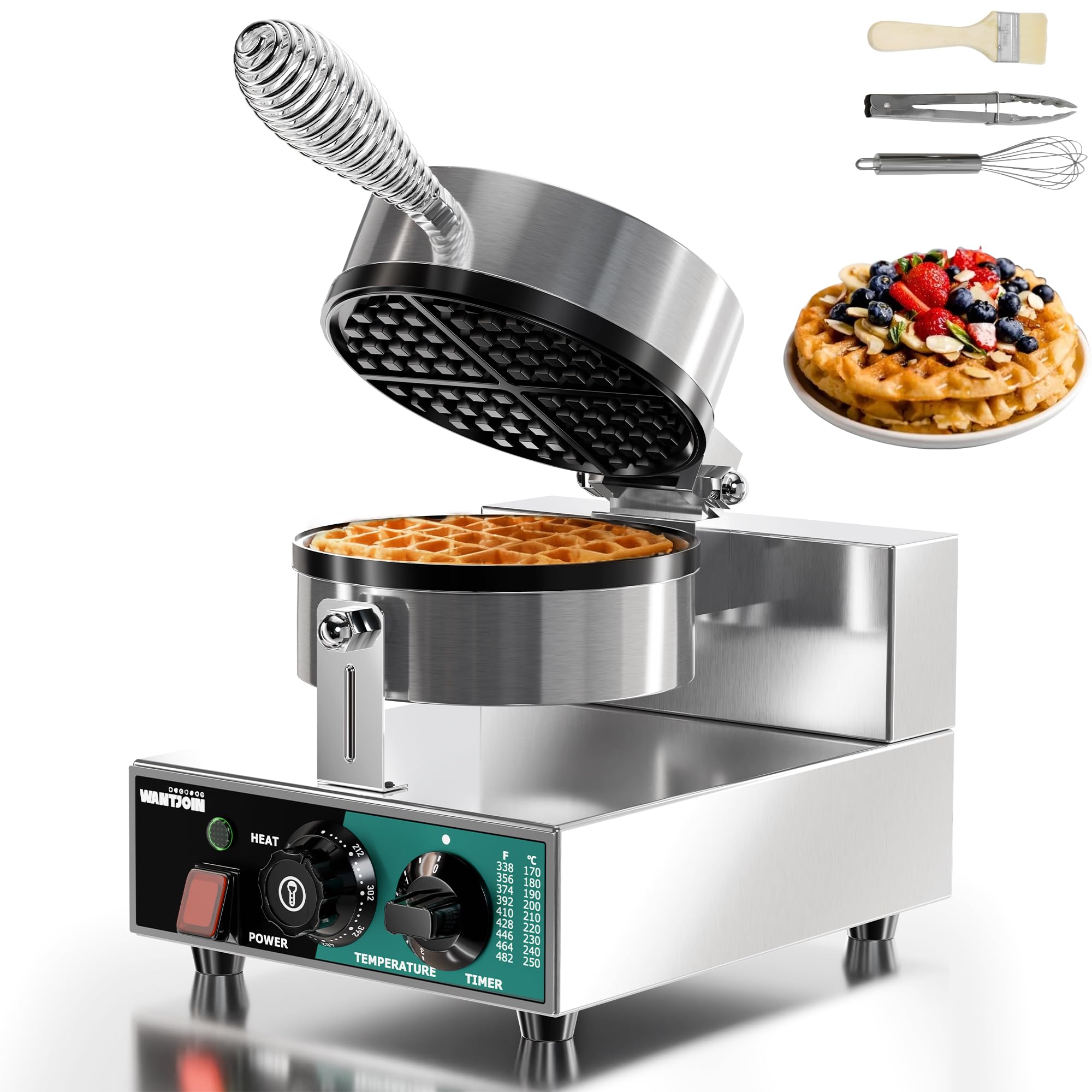 WantJoin Commercial Waffle Maker - 1300W Non-stick Waffle Iron, 20Pcs/H Stainless Steel Round Belgian Waffle Machine, Time Control and Temperature