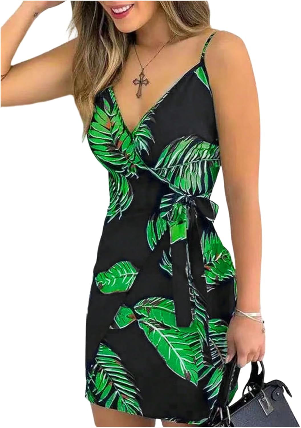 Floerns Women's Summer Hawaiian Short Dress Sleeveless Wrap V Neck Tie Side Boho Vacation Dresses