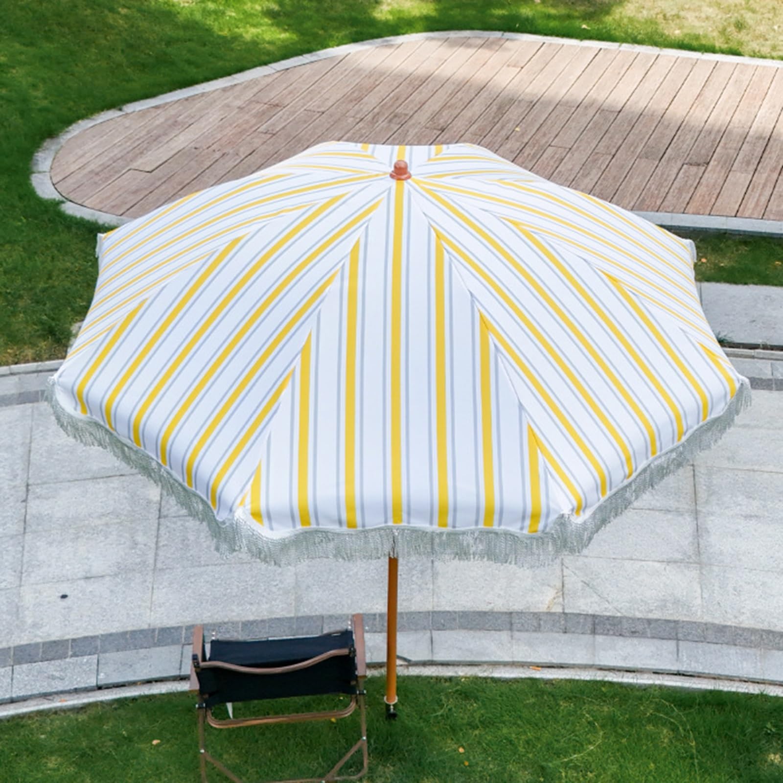 Parasol De Playa Boho Con Flecos Y Rayas Amarillas Y Blancas 200cm, Paraguas De Jardín Ajustable En Altura, Protector Solar Exterior Inclinable Para Jardín, Balcón, Playa, Camping, Resort
