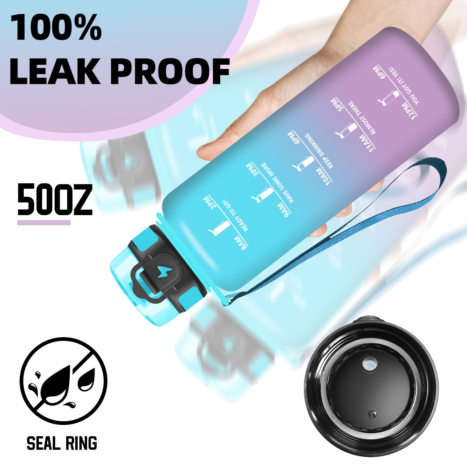 Grsta Gourde 1,5l, Anti Fuite Gourde Sport, Gourdes Graduée pour 1 Journee, Verrou de Sécurité, Avec Marqueur de Temps, Bouteille Motivation avec Filtre pour Plein Air, Cyclisme, Camping - 4