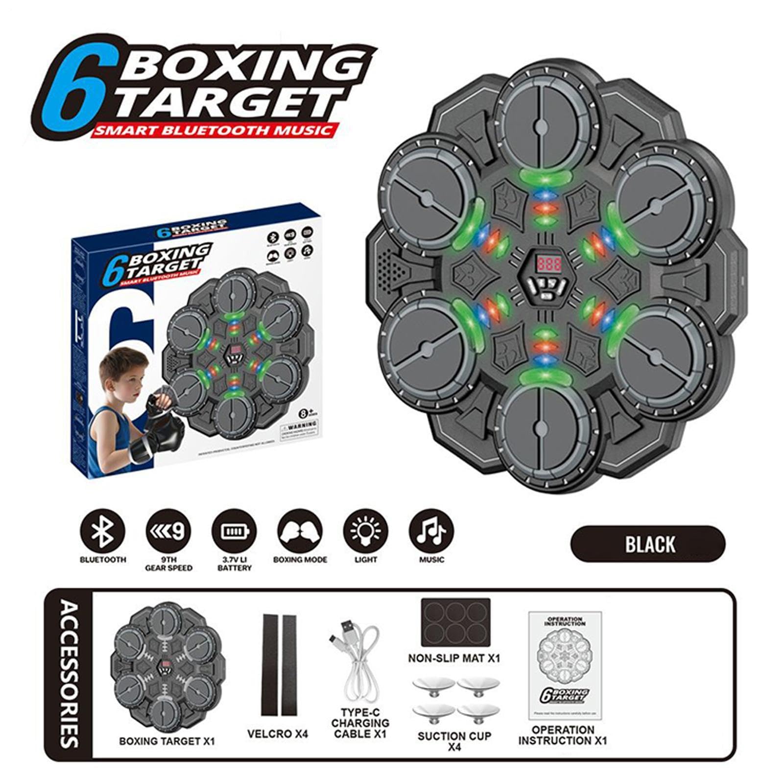 Macchina di boxe musicale - Giocattoli trainer wireless intelligenti | Punzonatrice a parete | Sensori tattili interattivi a 6 zone per bambini Smart Music Boxe Obiettivo Trainer per esercizio Fitness 2026