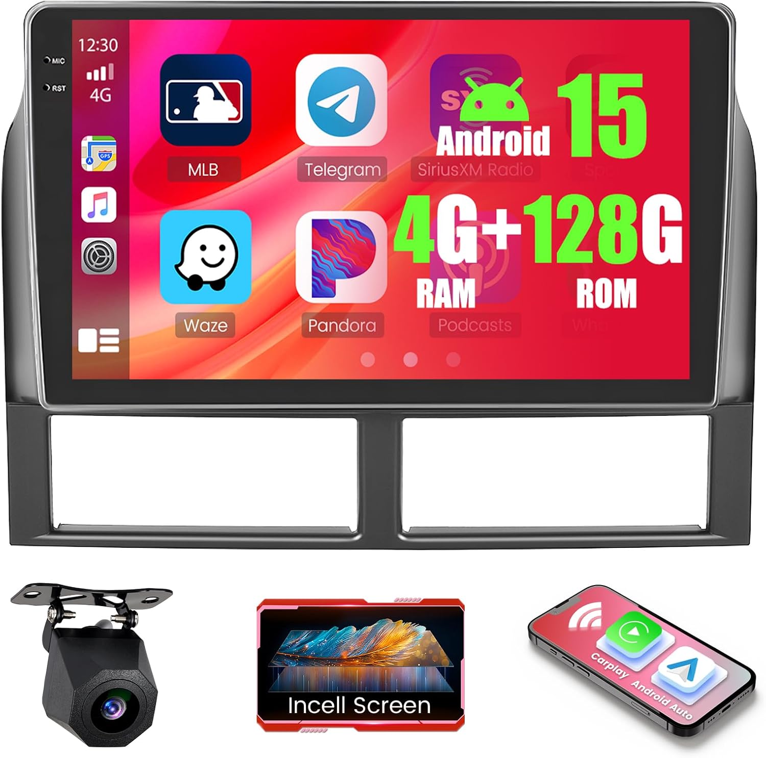 4+128GB Android 15 Car Radio for Jeep Grand Cherokee 2004-2005 Wireless Carplay Android Auto, Realdio 9" in-Cell Touch Screen Stereo for Cherokee with WiFi Bluetooth GPS FM/RDS EQ Backup Camera MIC