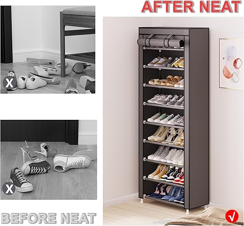 Miniatura 6 de Calmootey Organizador de zapatos de 9 niveles, estante portátil para zapatos con cubierta de tela no tejida para armario, pasillo, dormitorio,