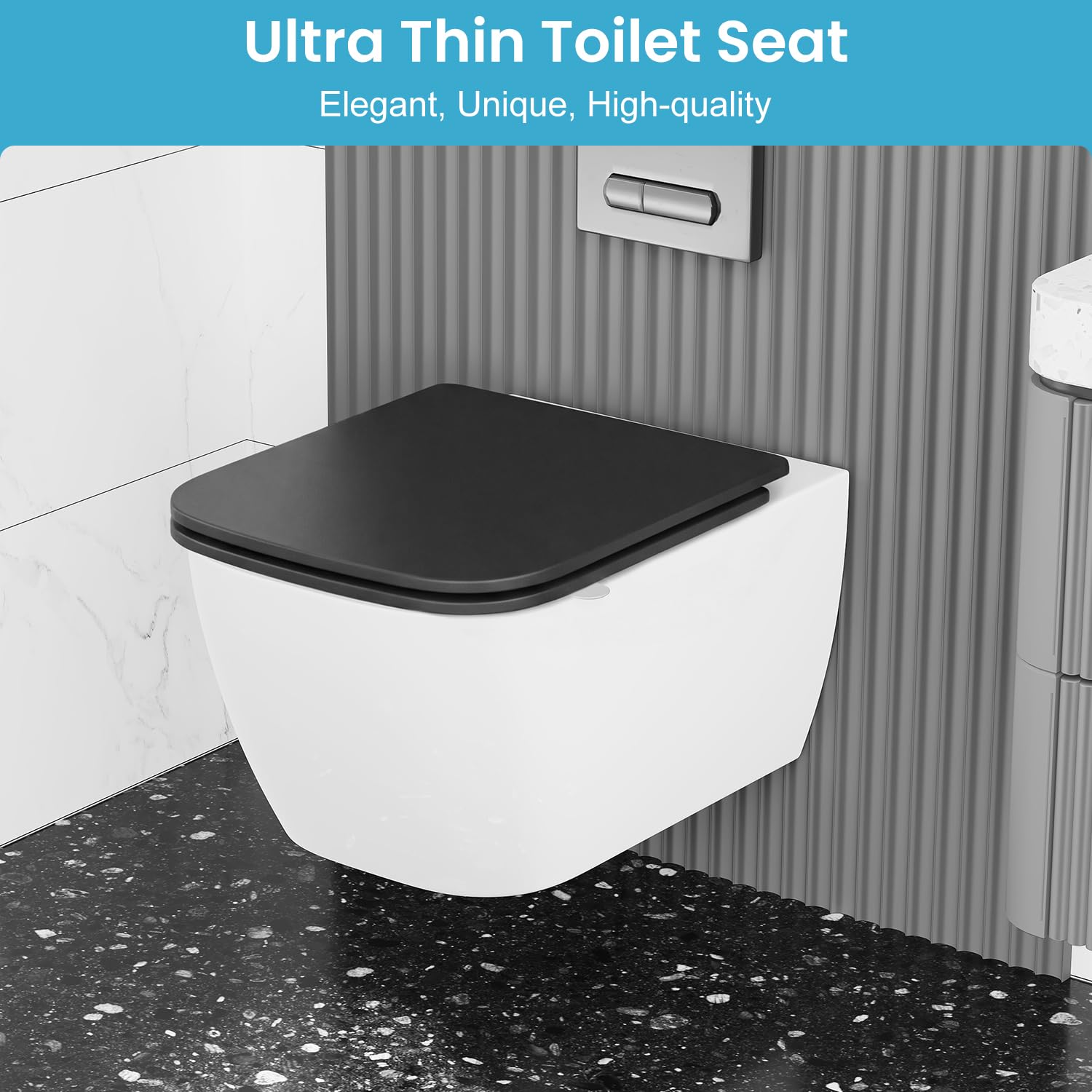 Sedile WC Quadrato Softclose nero, Tavoletta WC in Duroplast Antigraffio, Copriwater Rimovibile Quick Release, Facile da Pulire, incluso modello di installazione, 42,3 x 36,1 cm