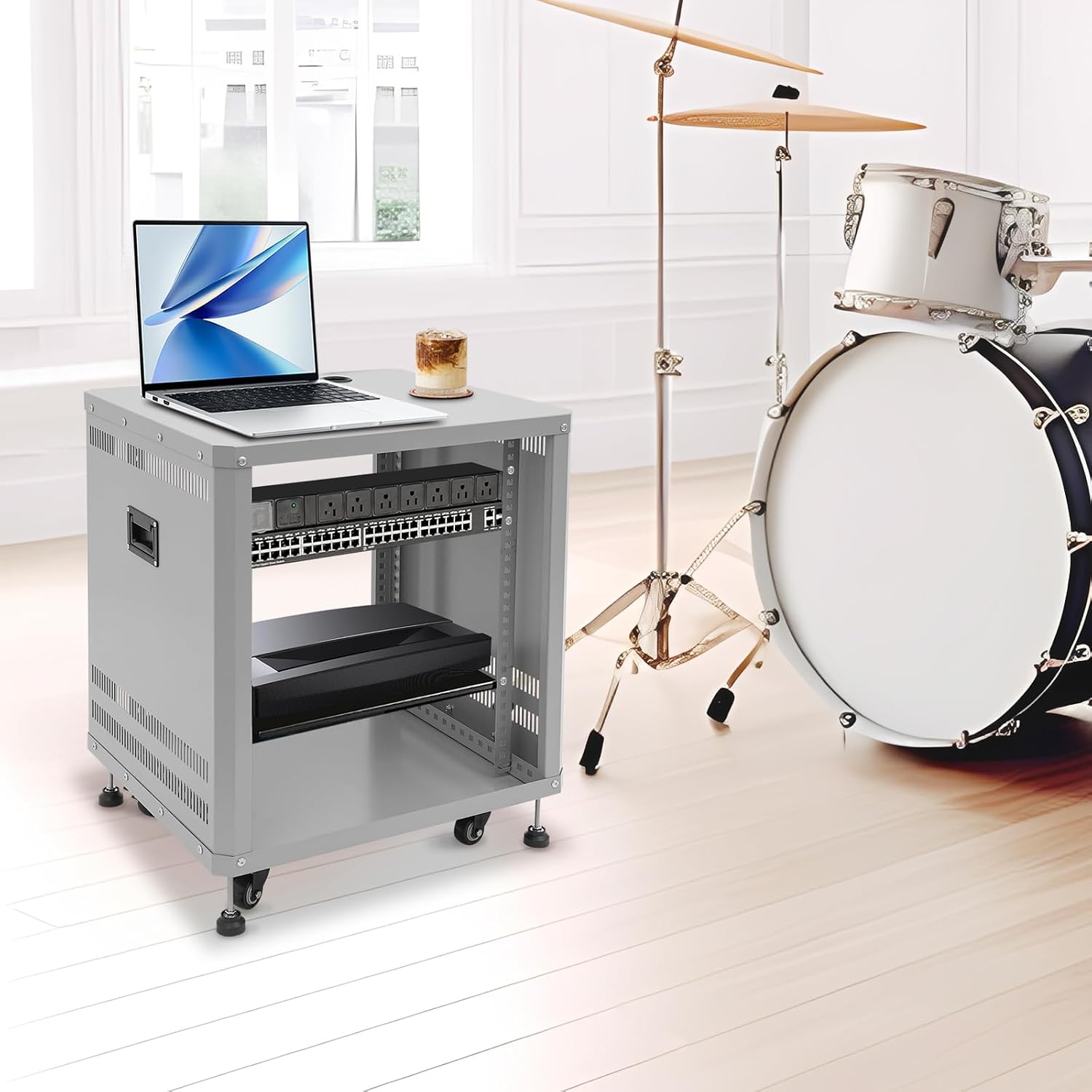 12U Audio Rack Server Racks Studio Racks with Four Wheels Component Rack for Av Equipment, NAS, Servers Rolling Network Cabinet for Home Laboratories, Recording Studios, Band Rehearsals(Grey)
