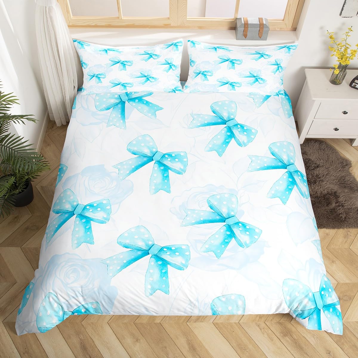 Homemissing Light Blue Bowknot Duvet Cover Set Single Size For Kids Girls Teens Bedroom Cute Coquette Bow Bedding Set Rose Bow Ribbon Comforter Cover with 1 Pillowcase - Image 4