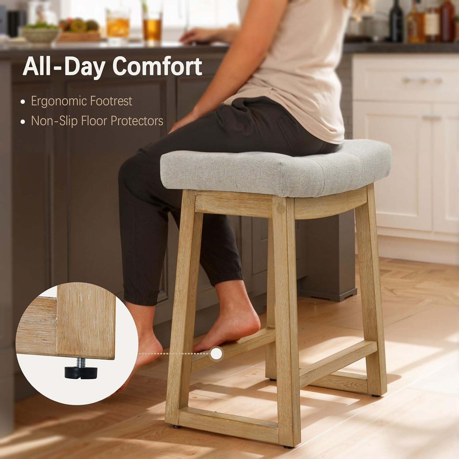 Counter Height Bar Stools Set of 3, 24 Inch Backless Upholstered Counter Stools with Solid Rubberwood Legs, Modern Farmhouse Saddle Stools for Kitchen Island, Home Bar, Beige Linen Fabric