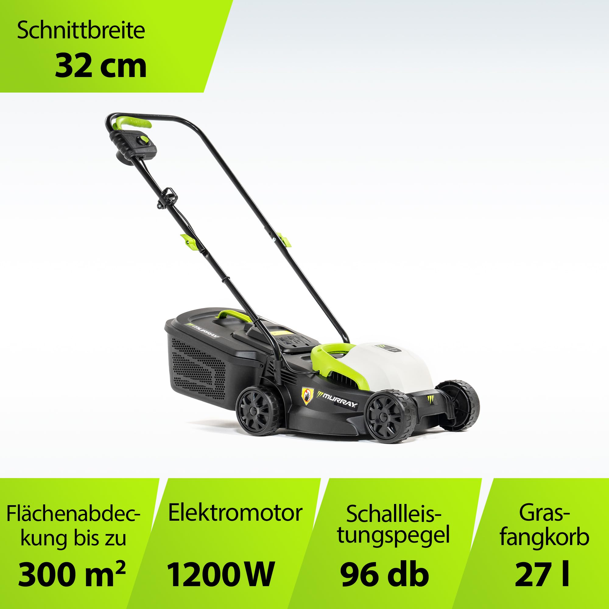 Murray Rasenmäher Elektro 2-in-1 LE320E - Kleiner Rasenmäher Elektrisch 1200W/32cm mit Grasfangbox 27L für Kleine Rasenflächen - Elektro Rasenmäher mit Ergonomischer Softgriff und Überlastschutz