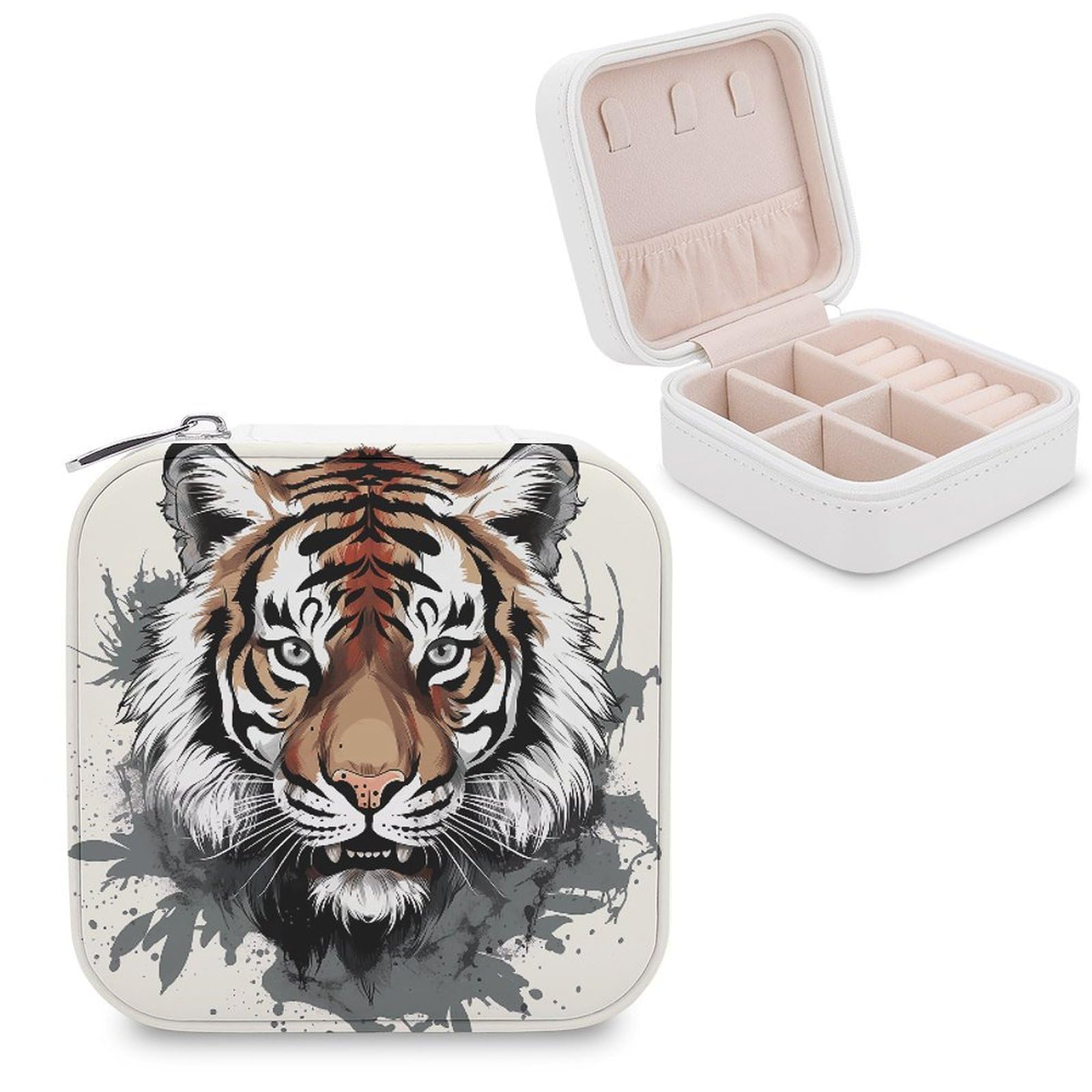 VstaDank Black And White Doodle Tiger Travel Jewelry Case Small Portable Jewellry Organizer Box PU Leather Organizer Boxes Personalized Jewellery Storage Holder Gift for Womens Rings Earrings