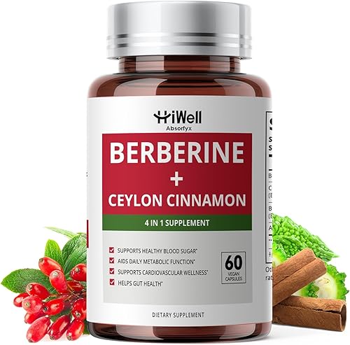 HiWell Berberina con canela de Ceilán | Apoya el azúcar en la sangre, la salud del colesterol y el sistema inmunológico* | Suplemento de berberina