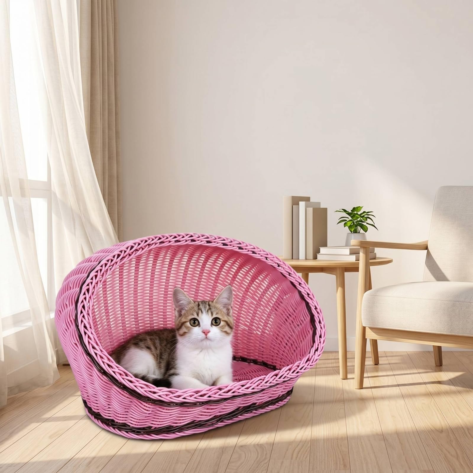 Semi Chiusa Cuccia in Fibra Intrecciata Materiali Ecologici Cuccia a Grotta per Cani Piccoli, Beige, L