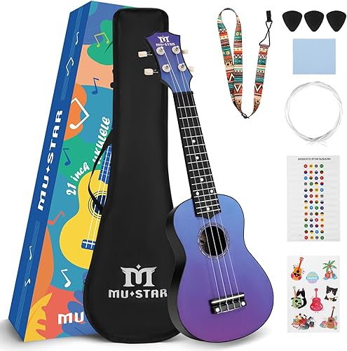Ukelele Soprano MUSTAR, Ukelele de Tilo de 21 Pulgadas para Principiantes, Kit de Ukeleles con Bolsa de Concierto, Correa, Púas, Paño, Adhesivo,