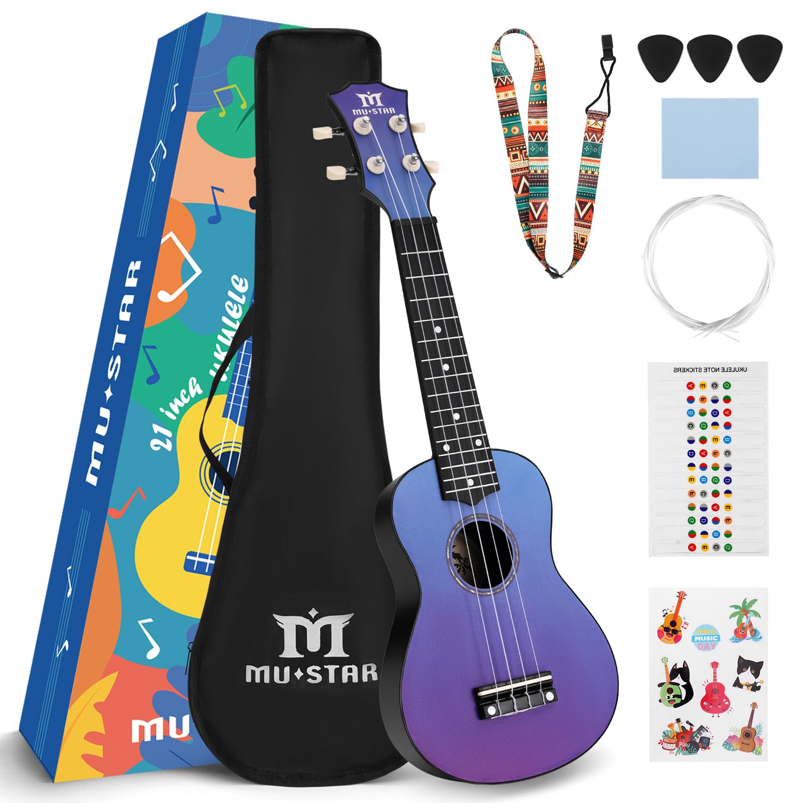 MUSTAR 21 Inch Soprano Basswood&amp;ABS Blue-Purple Ukulele Set for Beginners