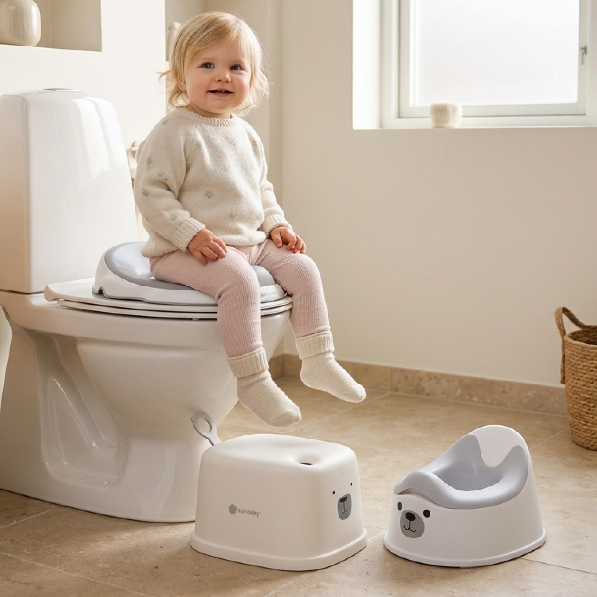 SUN BABY Set de Orinal Infantil 3 en 1 18-36 Meses - Beige | orinal, reductor WC, taburete antideslizante, cubeta extraíble