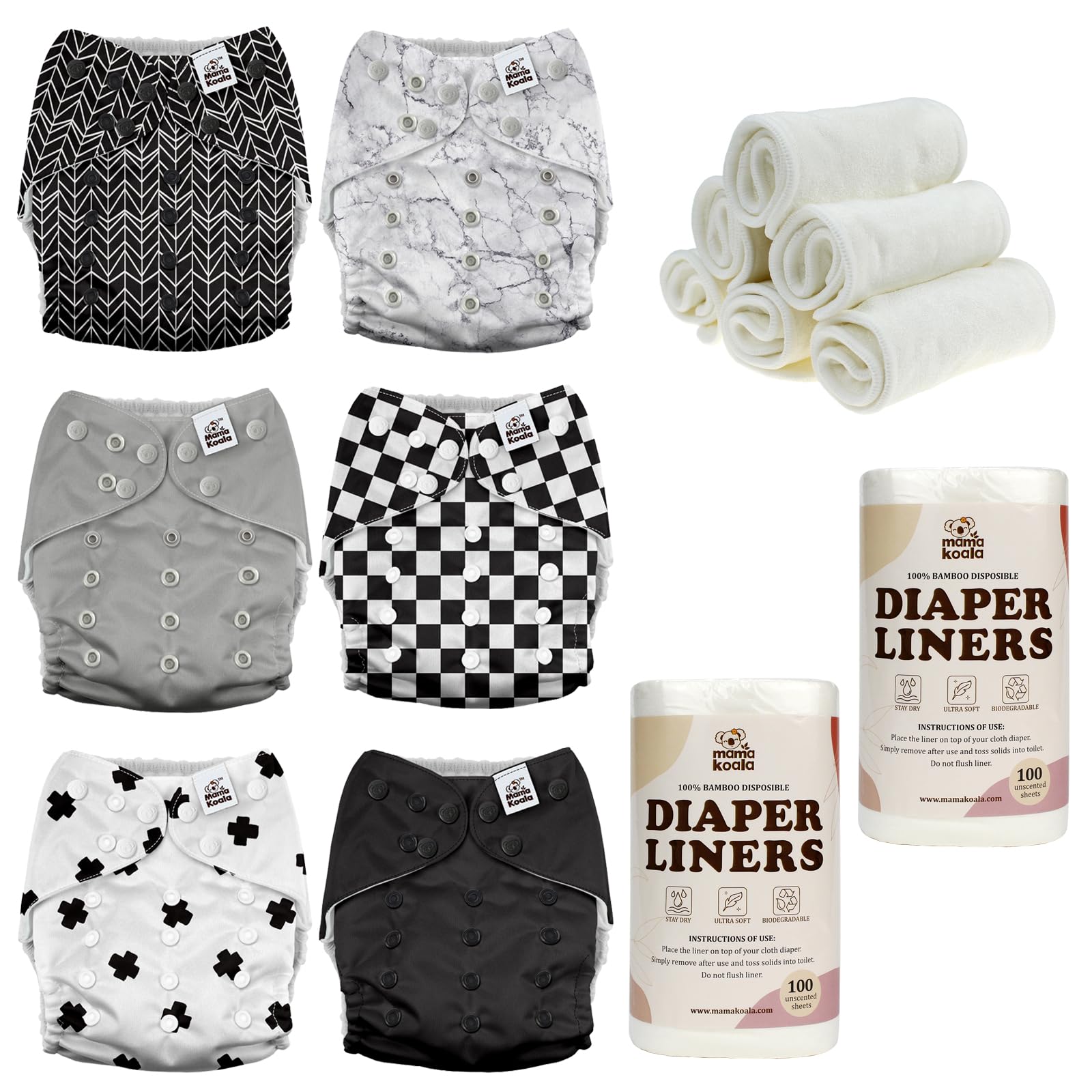 Mama Koala 3.0 Baby Cloth Diapers with 6 Inserts Bundle(Black and White), with 2 Rolls Disposable Natural Liners