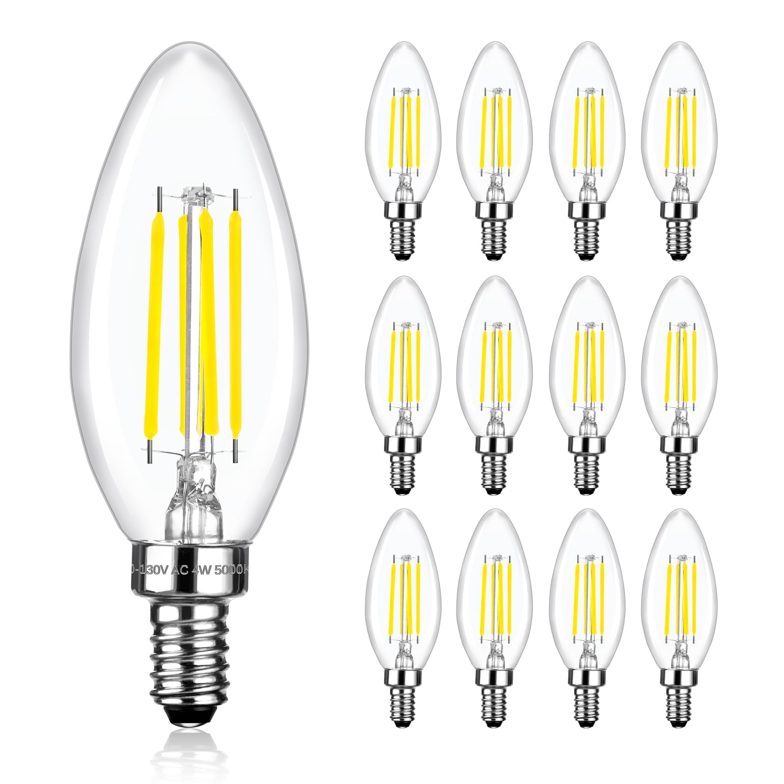 Brtstiun C35 dimmbare LED-Kerzen-Leuchtmittel, entspricht 40 Watt, 5000 K Tageslichtweiß, 470 Lumen, E12 4 W B11 Deckenventilator und Kronleuchter, 12 Stück