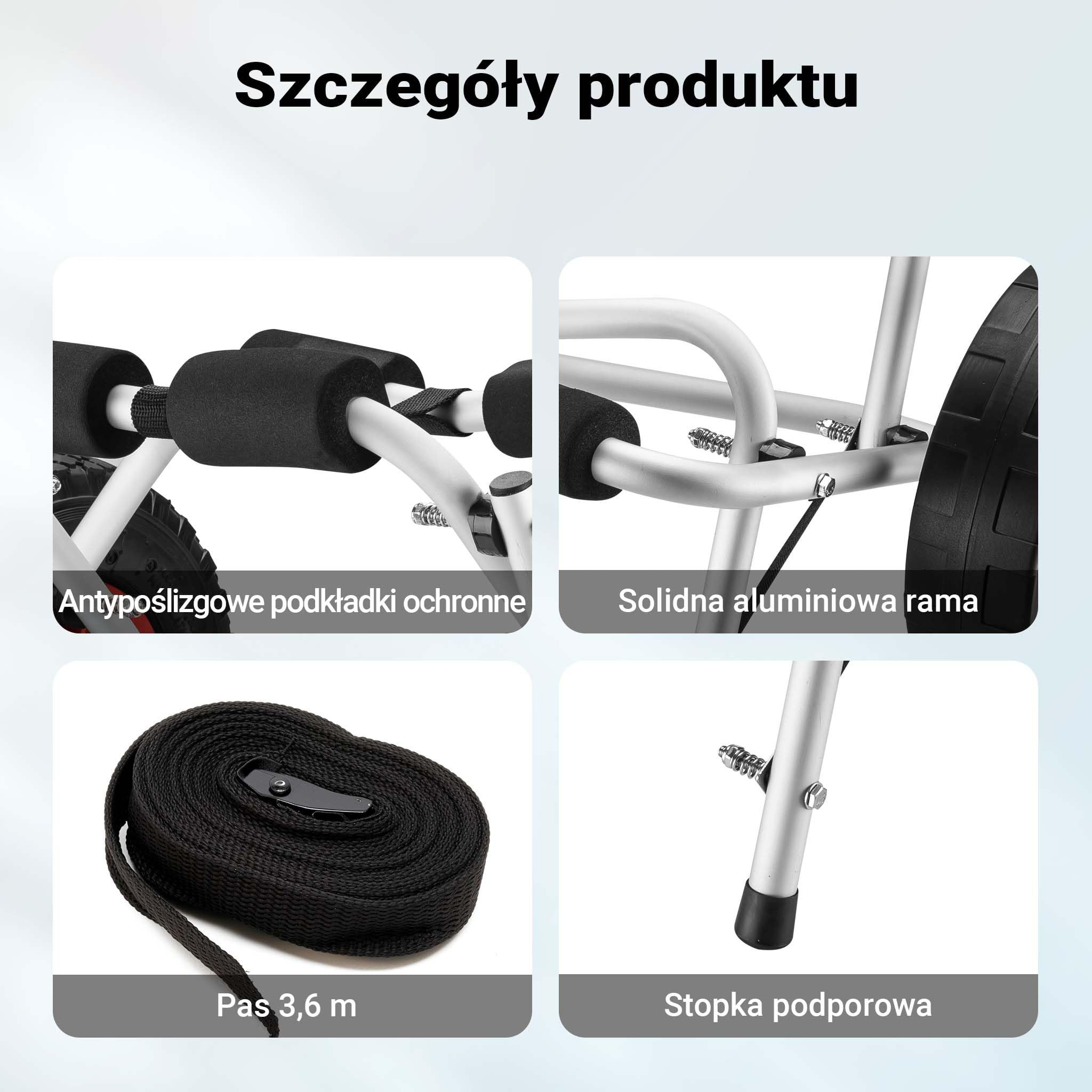 Składany aluminiowy wózek kajakowy Wiltec do 68 kg, wózek transportowy do łodzi, kajaków i kanoe, wózek surfingowy z poduszkami, koła PU Ø25 cm z nylonowym paskiem do mocowania