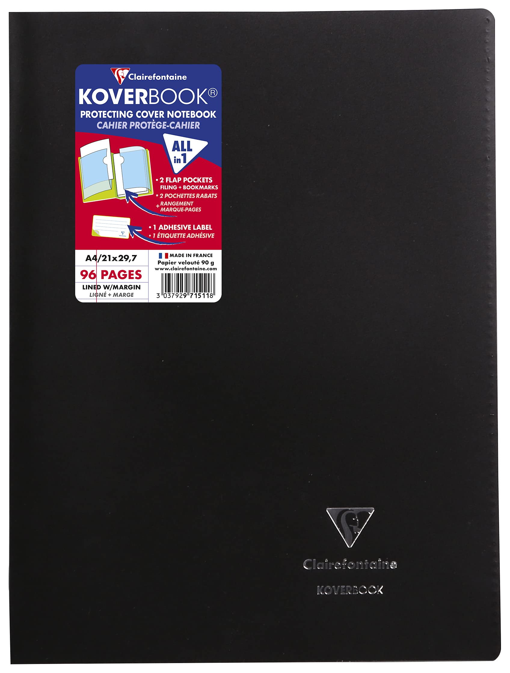 Clairefontaine 981604C Un Cahier Agrafé Koverbook Rouge - 24x32 cm - 96 Pages Petits Carreaux avec Marge - Papier Blanc 90 g - Couverture Polypro