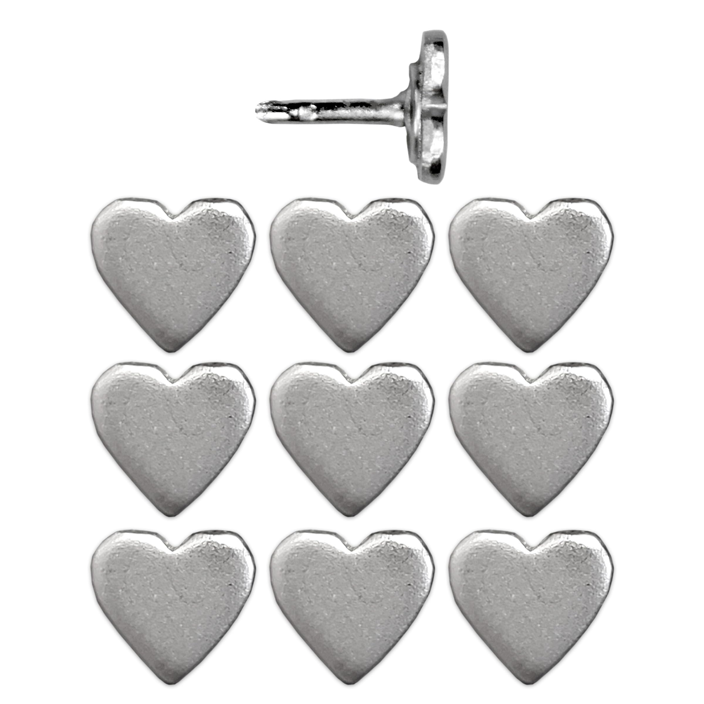 Mini Silver Heart Push Pins - Mini Silver Metal Heart Map Pins - for Cork Board, Maps, or Lapel Pin Use - Designed in USA - Set of 10