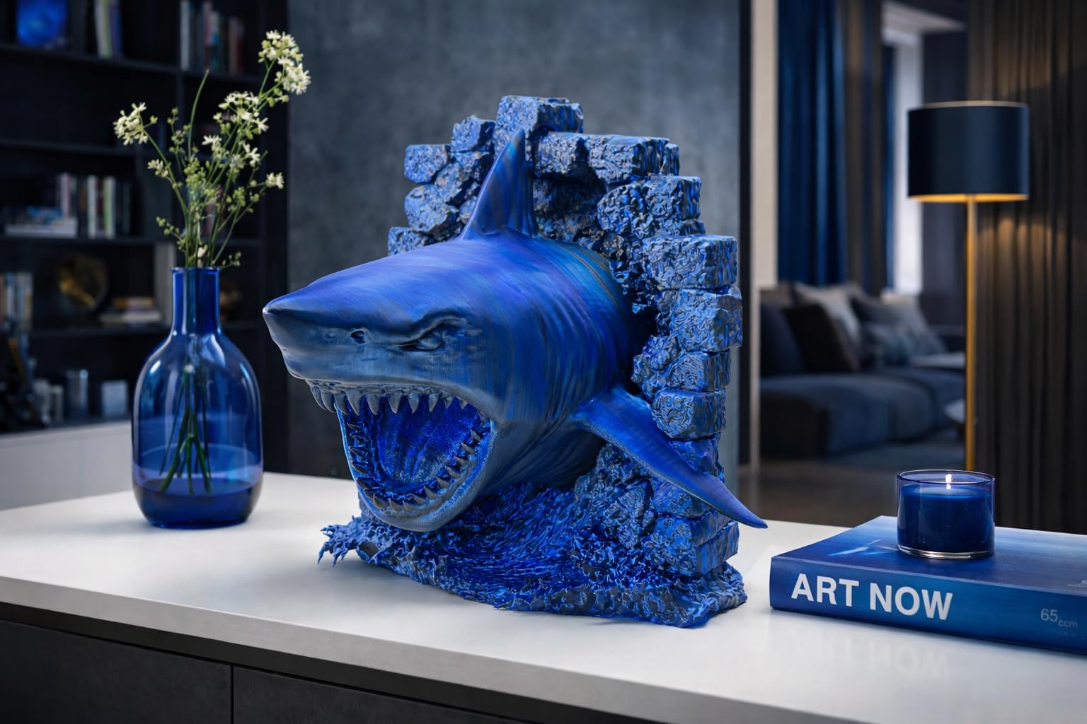 NexHome Scultura Squalo 3D da Parete o Appoggio– Decorazione Moderna di Design per Casa, Ufficio e Gaming Room – Statua Artistica Marina con Effetto Roccia per Arredo Luxury e Contemporaneo (Blu-Nero)