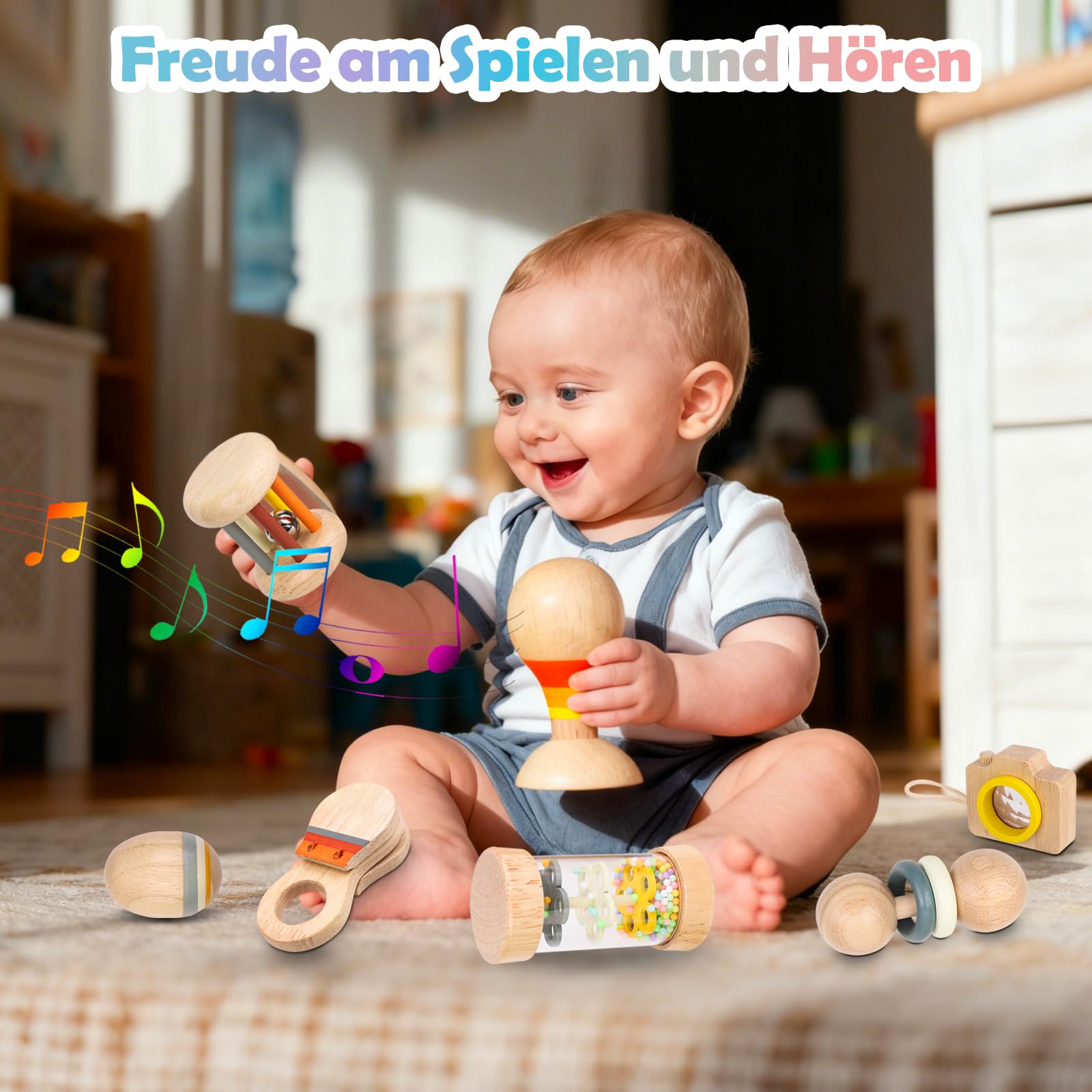 Montessori Holz Baby Spielzeug – 7-teiliges musikalisches Rassel- und Greifset aus Naturholz für 0–12 Monate, ideales Baby-Geschenkset inkl. Stoffbeutel